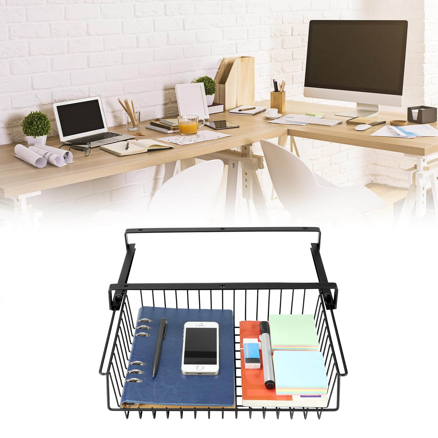 QWORK® Cajón debajo de la mesa de metal, capacidad de carga de 5-10 kg, cajones debajo del escritorio, se puede utilizar en oficinas, cocinas