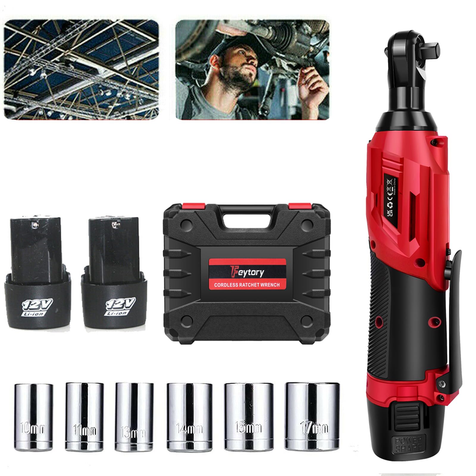 DayPlus Llave de carraca a batería, 2300 RPM 12V Destornillador de carraca eléctrico potente con 7 llaves de vaso, 2 x 1.5Ah baterías de iones de litio y cargador rápido, rojo