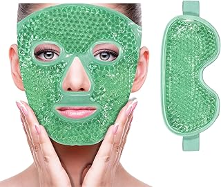 ZNÖCUETÖD Cooling Ice Face Eye Mask for Reducing Puffiness, Bags Under Eyes,Sinus,Redness,Pain Relief,Dark Circles, Migraine,Hot/Cold Pack with Soft Plush Backing(Green(1* Eye Mask+1*Face Mask))