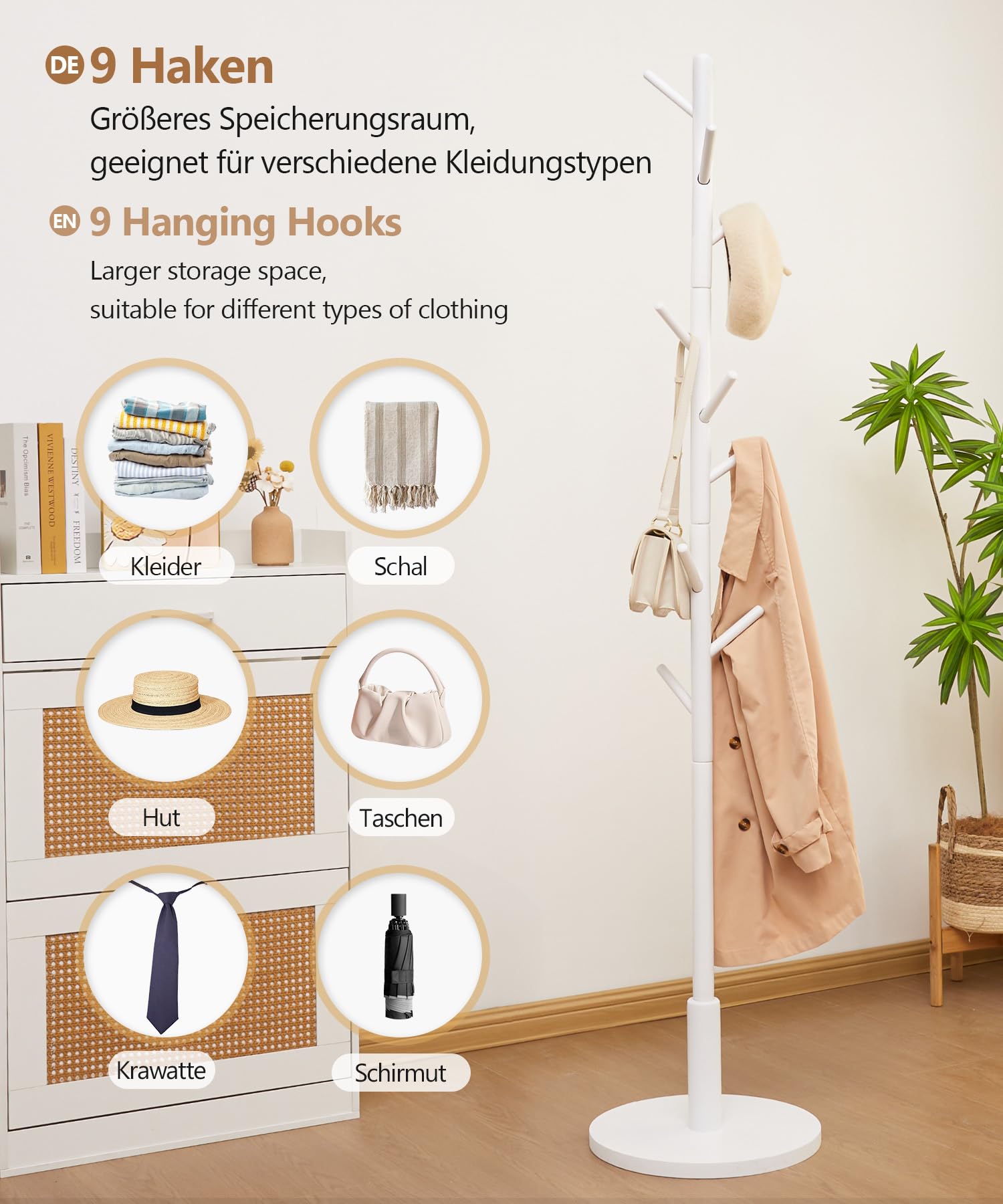Yorbay Appendiabiti Faggio Massello Albero: 9 Ganci, 38 x 179 cm (Bianco) | Appendiabiti a Forma di Albero per Giacche Cappelli Borse - per Camera da Letto Ufficio Ingresso