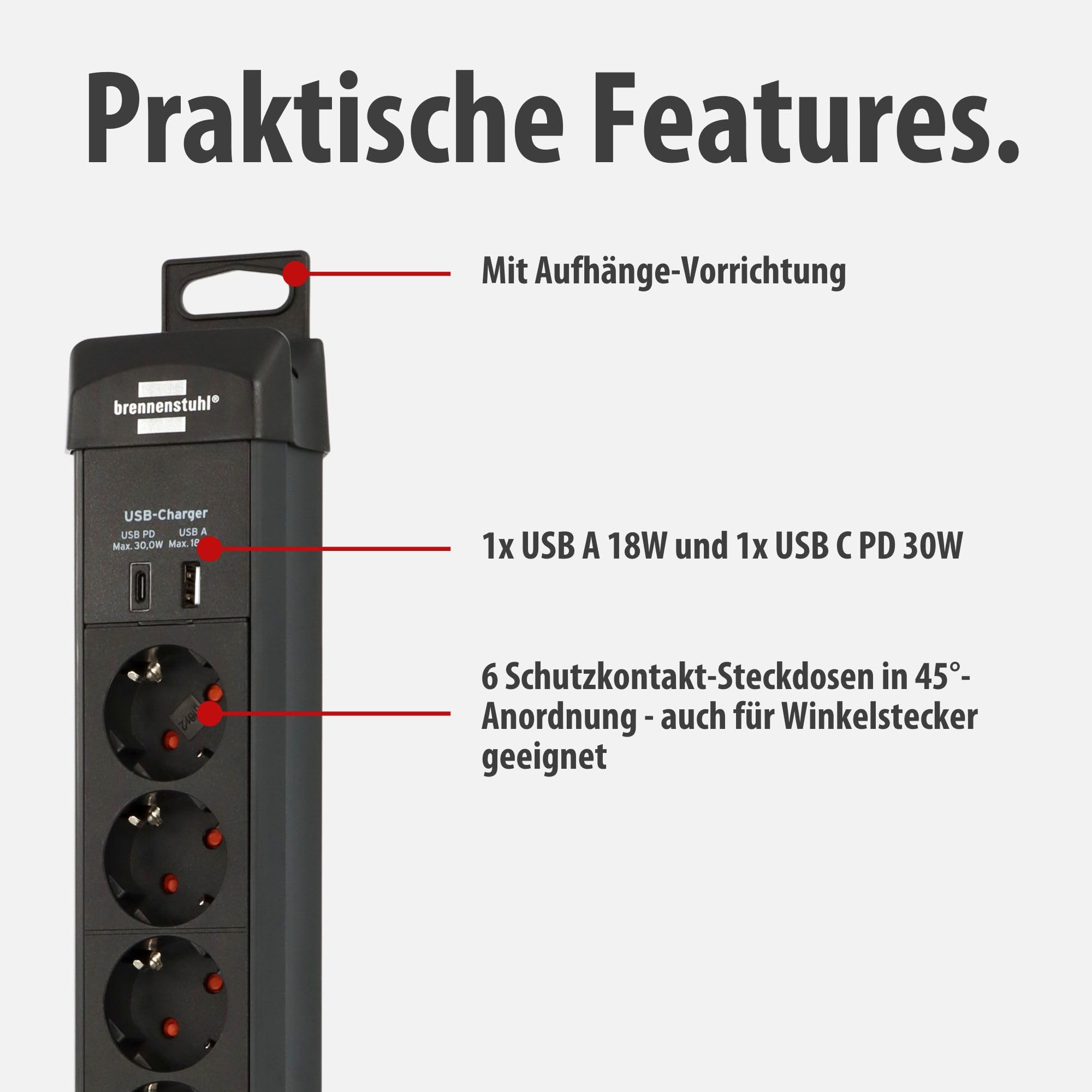 Brennenstuhl Premium-Line Steckdosenleiste 6-fach mit USB, 3m | Mit USB C PD 30W und USB A 18W, Made in Germany, Mehrfachsteckdose mit Schalter, Steckerleiste zur Wandmontage, schwarz