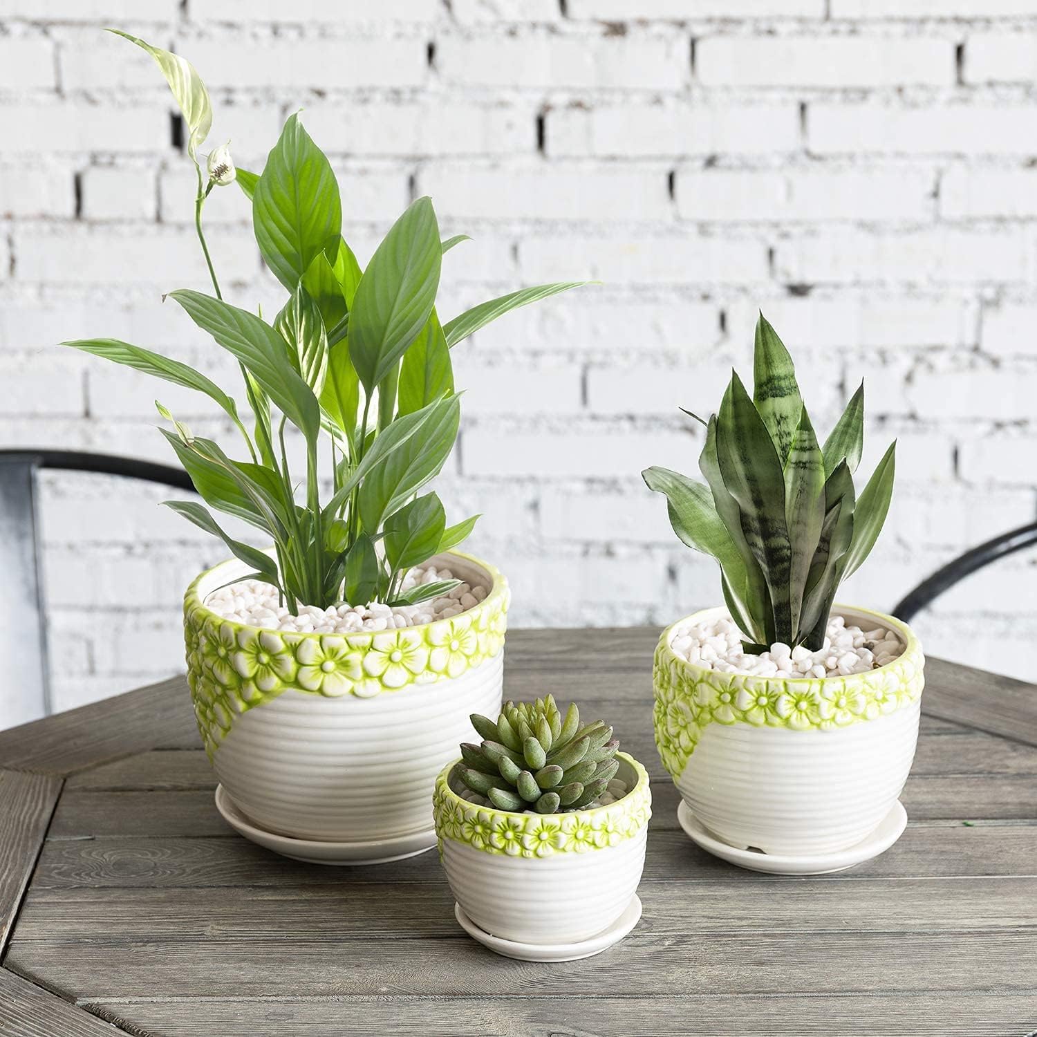 MyGift Green and White Ceramic Succulent Cactus Planter Pots with Embossed Floral Design and Attached Saucers, 6-inch, 5-inch and 4-inch Pots, Set of 3