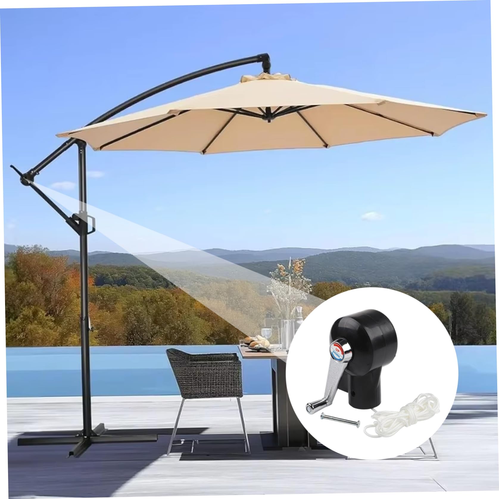 Regenschirm-Kurbel-Ersatzteile, einfache Installation, Terrassenschirm-Kurbelgriff mit 3, 3 m langem Seil und Schrauben, schwarze Outdoor-Ersatzteile für Standard-Regenschirme