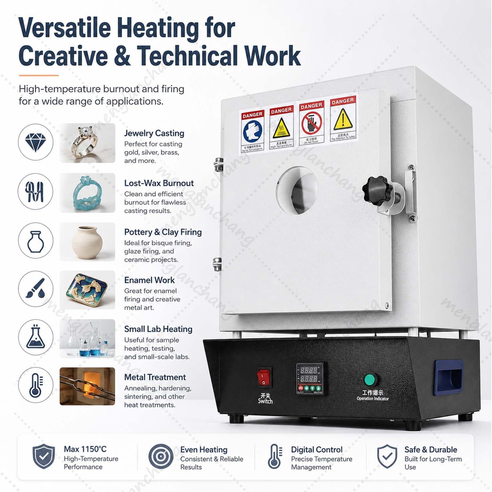 Elektrischer Muffelofen 1750W 1150°C, Brennofen mit PID Regelung und Sichtfenster, für Keramik, Emaille, Schmuckguss, Wachsverlust, Gussformen, Metall, Hobbytöpfer, Labor und Werkstatt