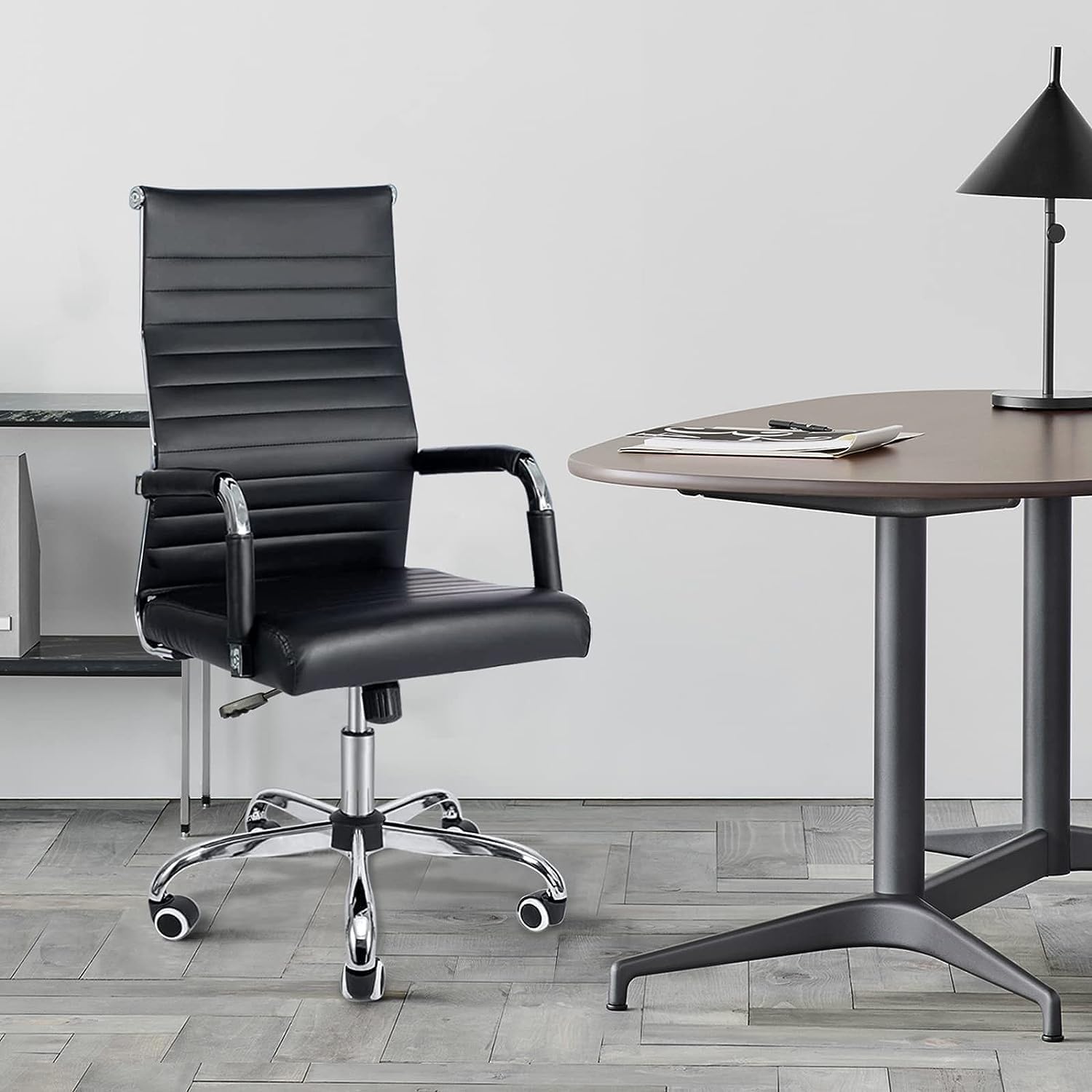 LUCKWIND Office Desk Chair, Executive Ribbed Task Chair, High-Back Leather Conference Ergonomic Chair, Swivel Arm Chair, Height Adjustable & Tilt Rocker (Black)
