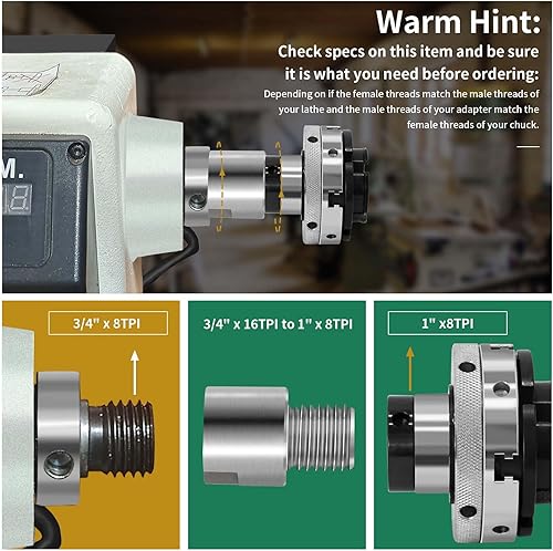 Miniatura 32 de Adaptador de husillo de cabezal de torno, convierte 1 "x 8TPI a 3/4" x 16TPI para torno de carpintería