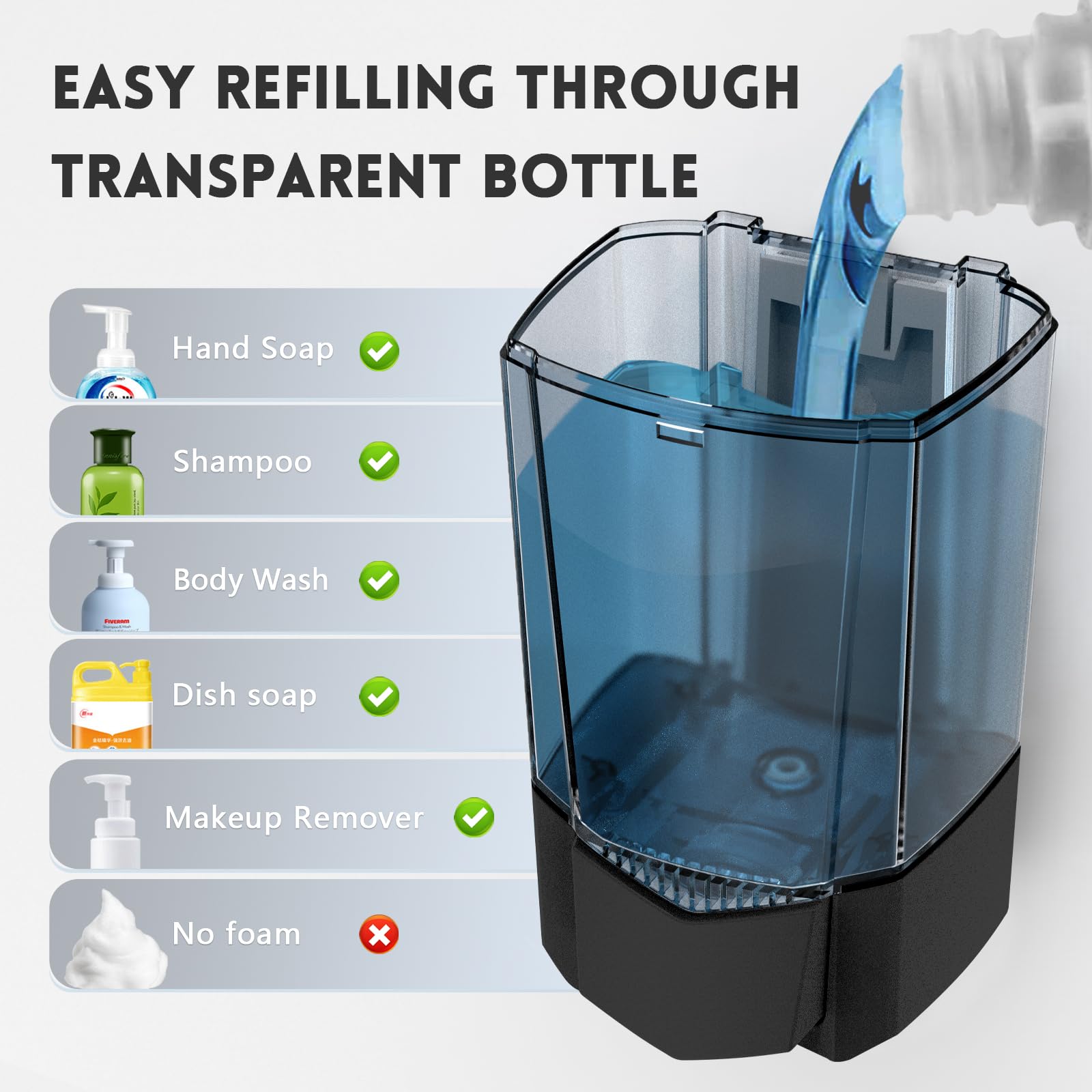 Dispensador de jabón de 600 ml, montaje en pared, sin taladro, dispensador manual de desinfectante de manos, dispensador de gel / líquido adhesivo para el hogar, centro comercial, hospital,