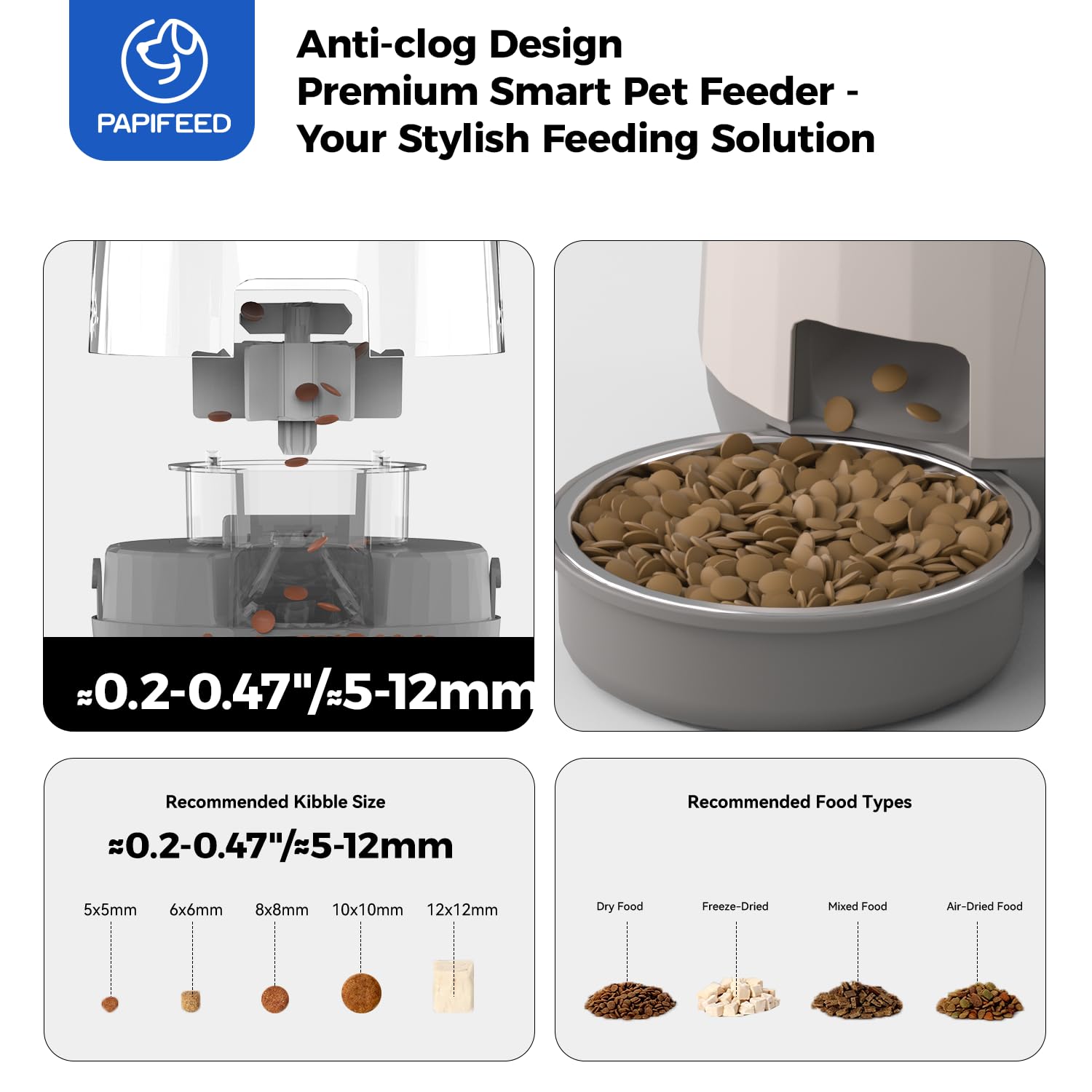 PAPIFEED Automatic Cat Feeder, 2.4G WiFi Auto Cat Food Dispenser with App Control, 3L Auto Pet Feeder with Dual Power Supply, Detachable for Easy Clean for Cats and Small Dogs, Grey