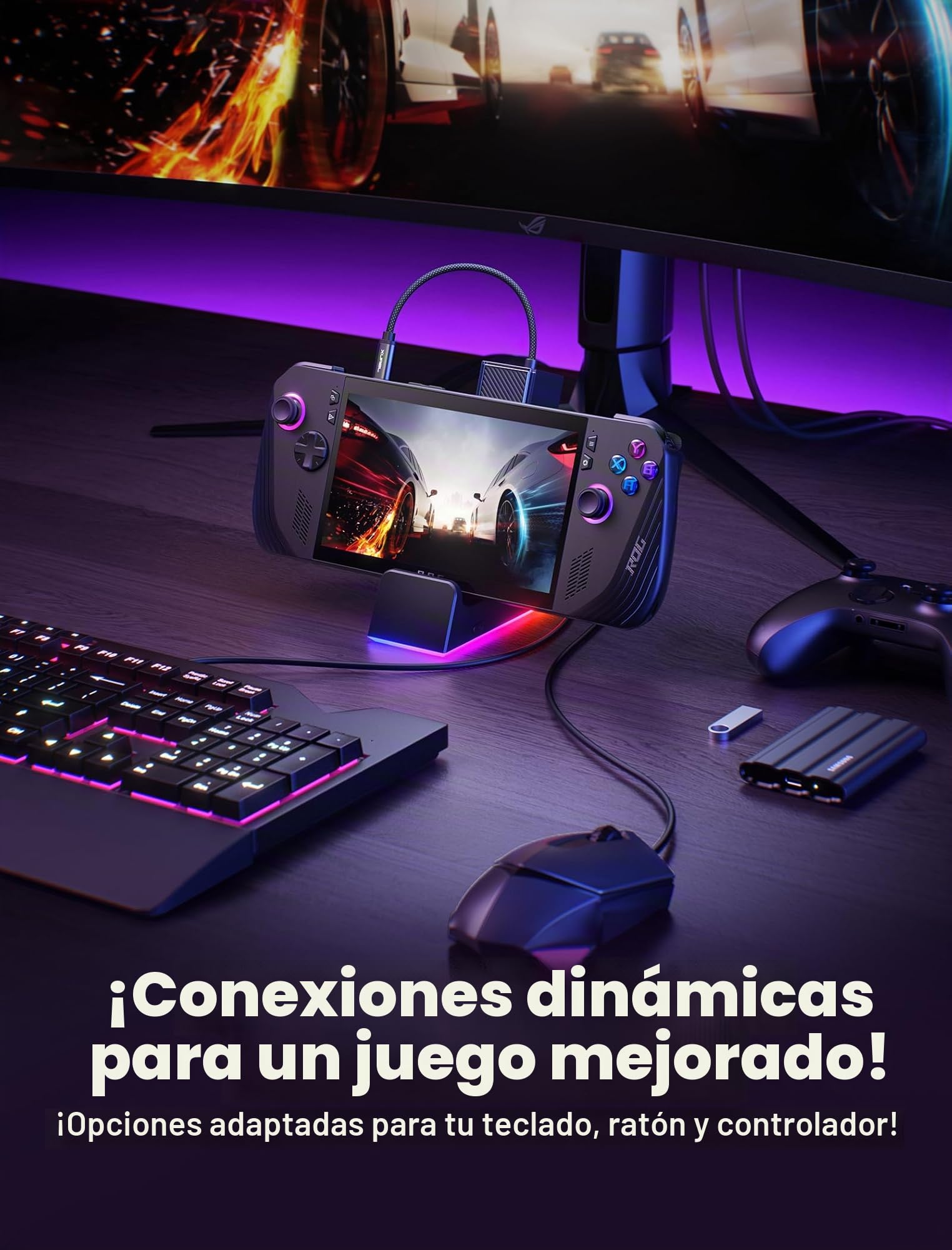 JSAUX Estación de acoplamiento para ROG Ally X/ROG Ally/Steam Deck/Legion Go, base 7 en 1 para ROG Ally X con ventilador de refrigeración RGB, HDMI 4K a 120Hz, Gigabit Ethernet, USB dual y USB C 3.0