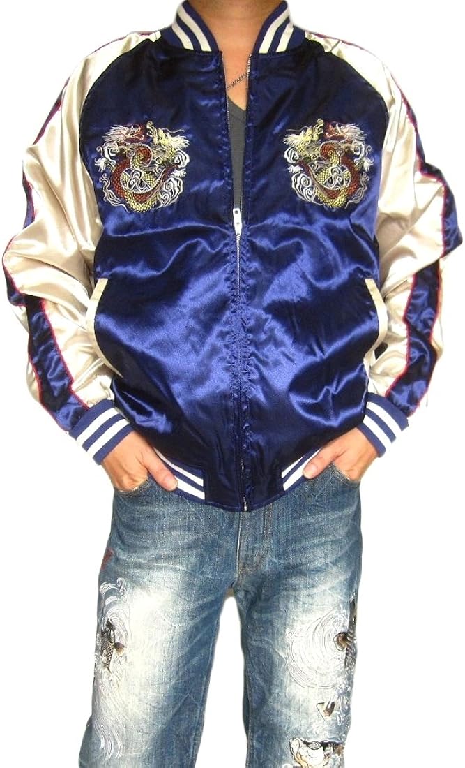 Amazon | msk011 和柄 スカジャン 悪羅悪羅系 オラオラ系 【NAVY