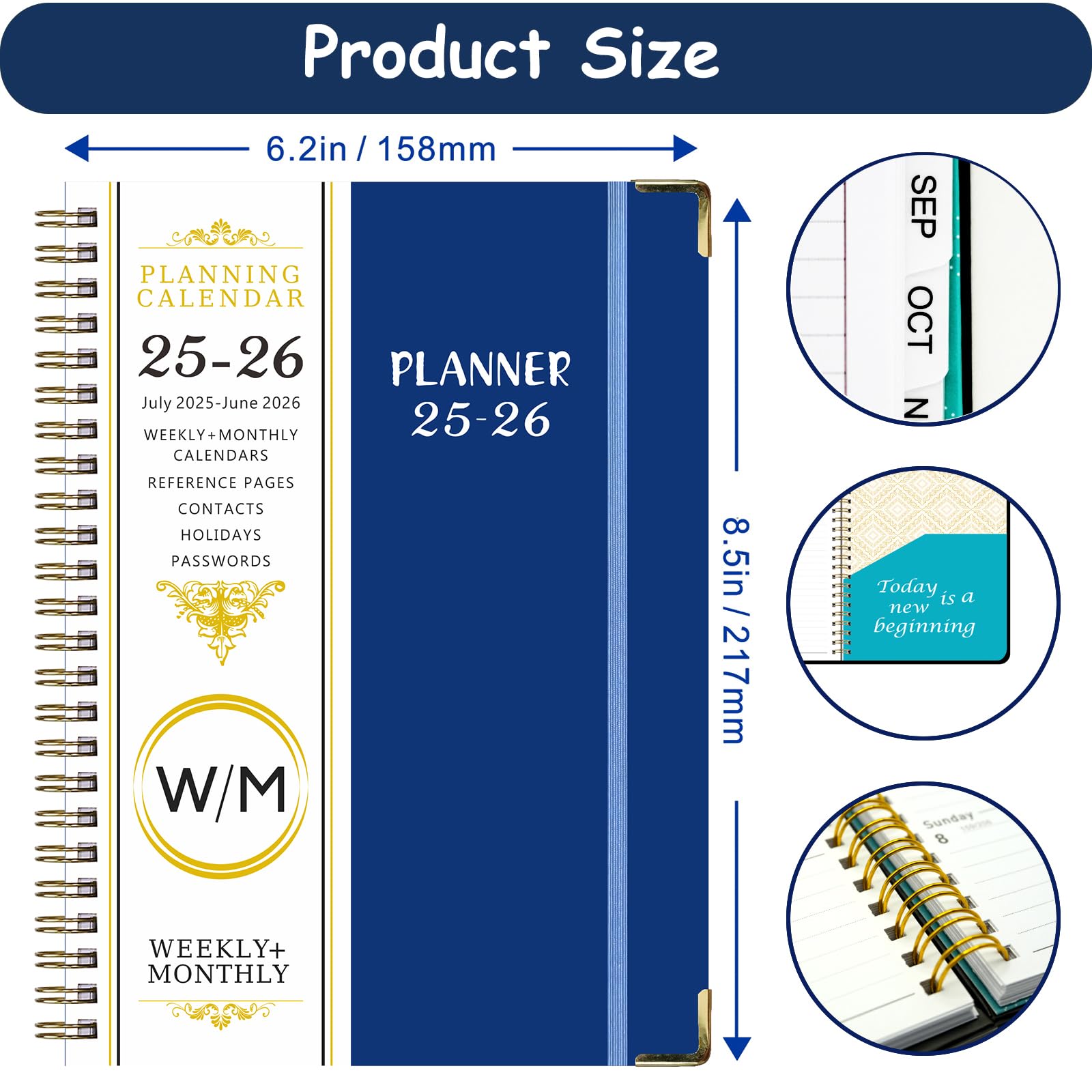 Planner 2025-2026, agenda settimanale e mensile con copertina rigida, con linguette mensili, da luglio 2025 a giugno 2026, tasca interna, formato A5, 15,7 x 21,6 cm, perfetto per ufficio, casa, scuola