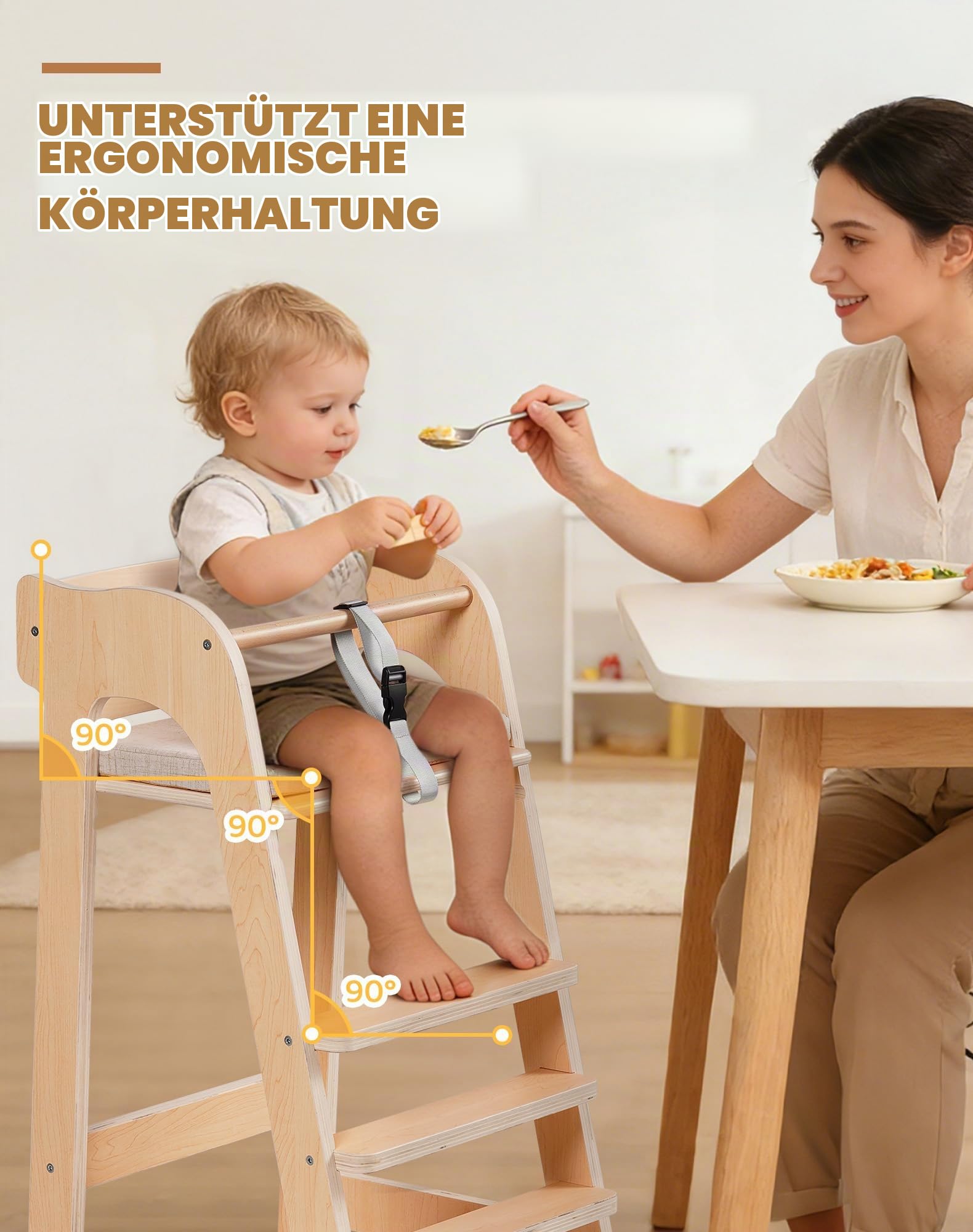 ROBUD Multifunktionaler Holzhochstuhl für Kinder, mit Sicherheitsgurt 6M+