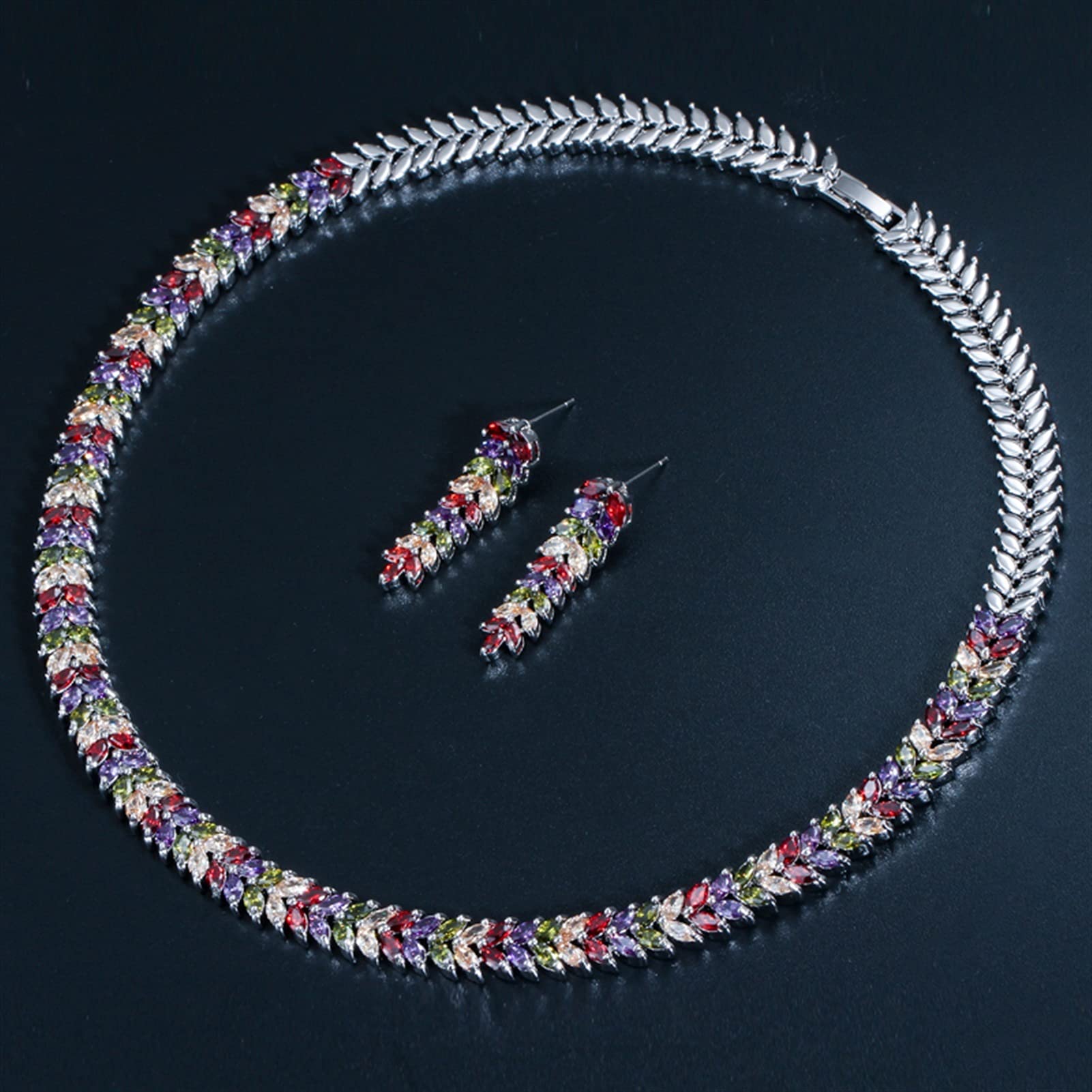 Joyería Multicolor Zirconia cúbica Mujer Gargantilla Nupcial Conjunto de Collar con Pendientes para Novias joyería para Fiesta y Boda