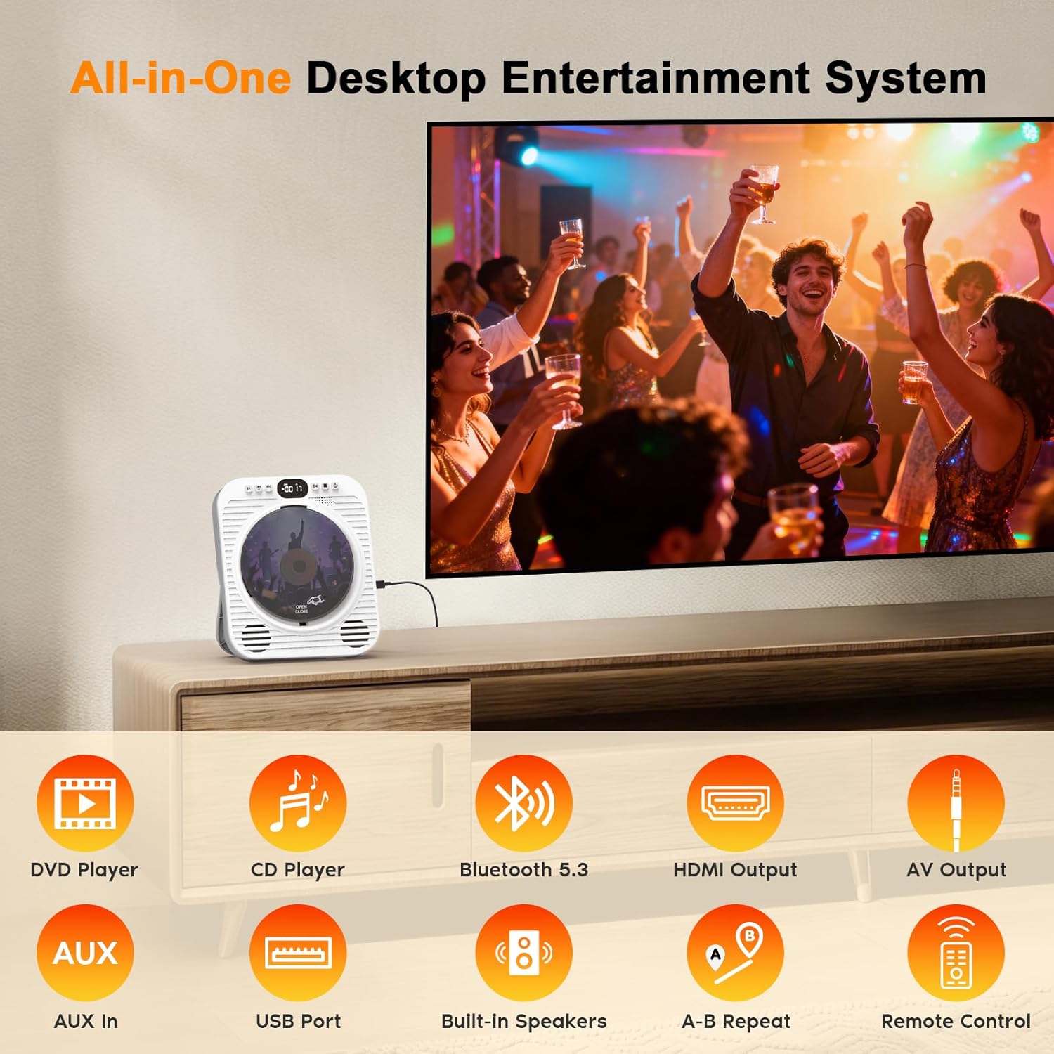 Mini CD DVD Player for TV - Portable Bluetooth CD DVD Player with HDMI & AV Cables, Built-in Speakers, USB/AUX Playback, 1080P Upscaling, Wall-Mountable Compact Desktop Player for Home, White