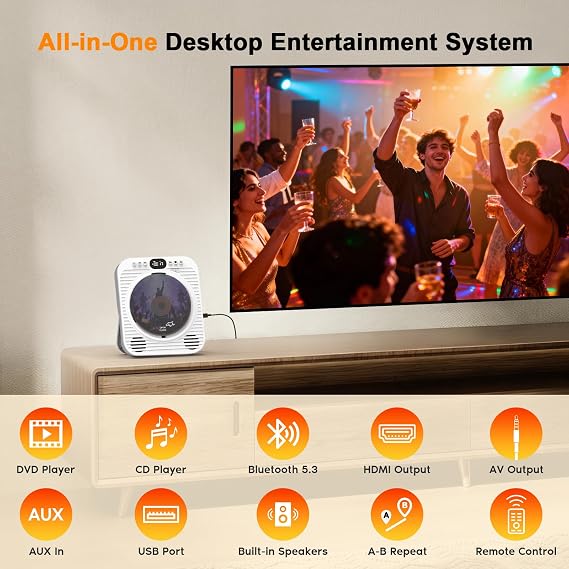 Mini CD DVD Player for TV - Portable Bluetooth CD DVD Player with HDMI & AV Cables, Built-in Speakers, USB/AUX Playback, 1080P Upscaling, Wall-Mountable Compact Desktop Player for Home