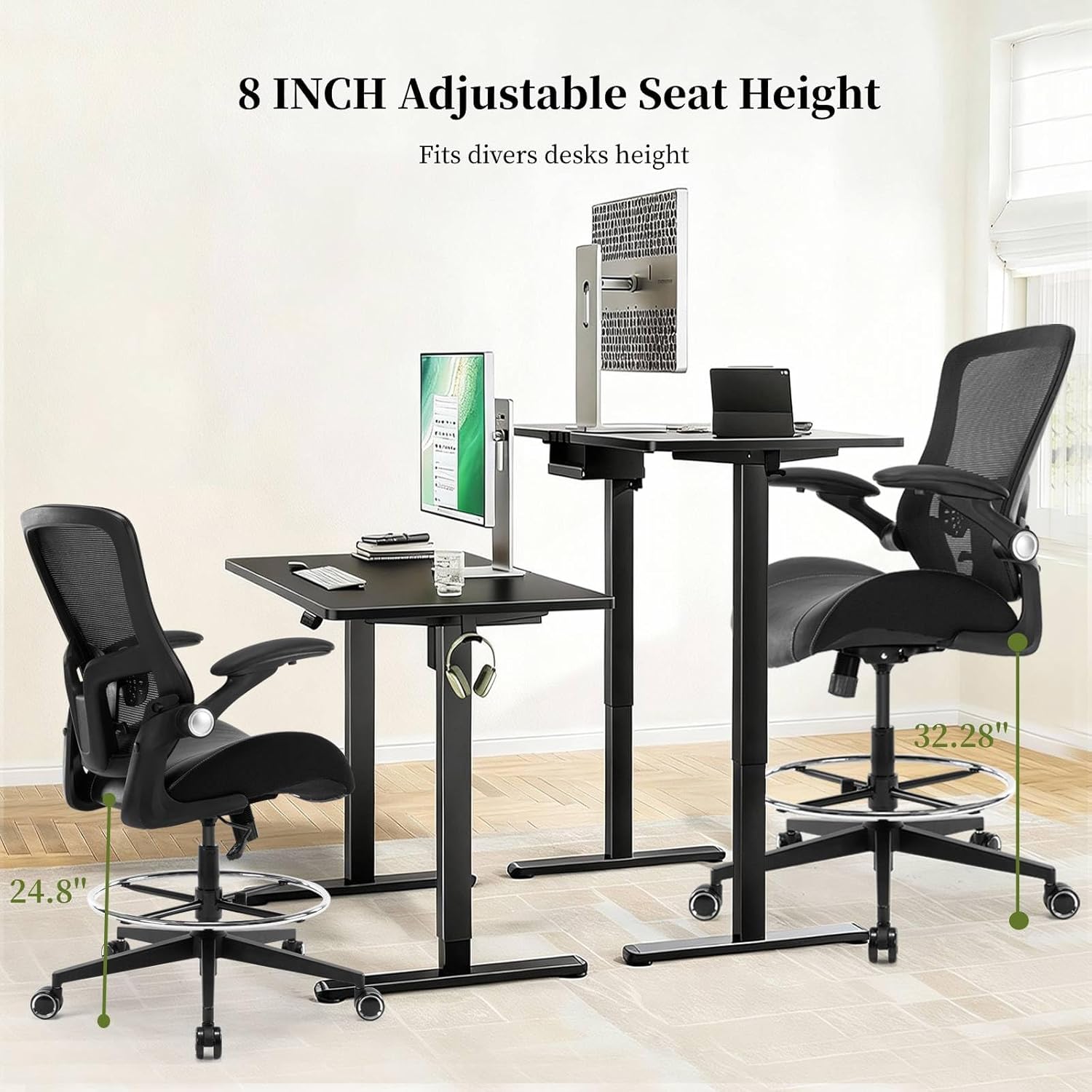 Drafting Chair, Tall Office Chair with PU Leather Seat, Standing Desk Chair Counter Height Office Chairs with 21.65'' Footrest Ring and Adjustable Lumbar Support Armrests Black