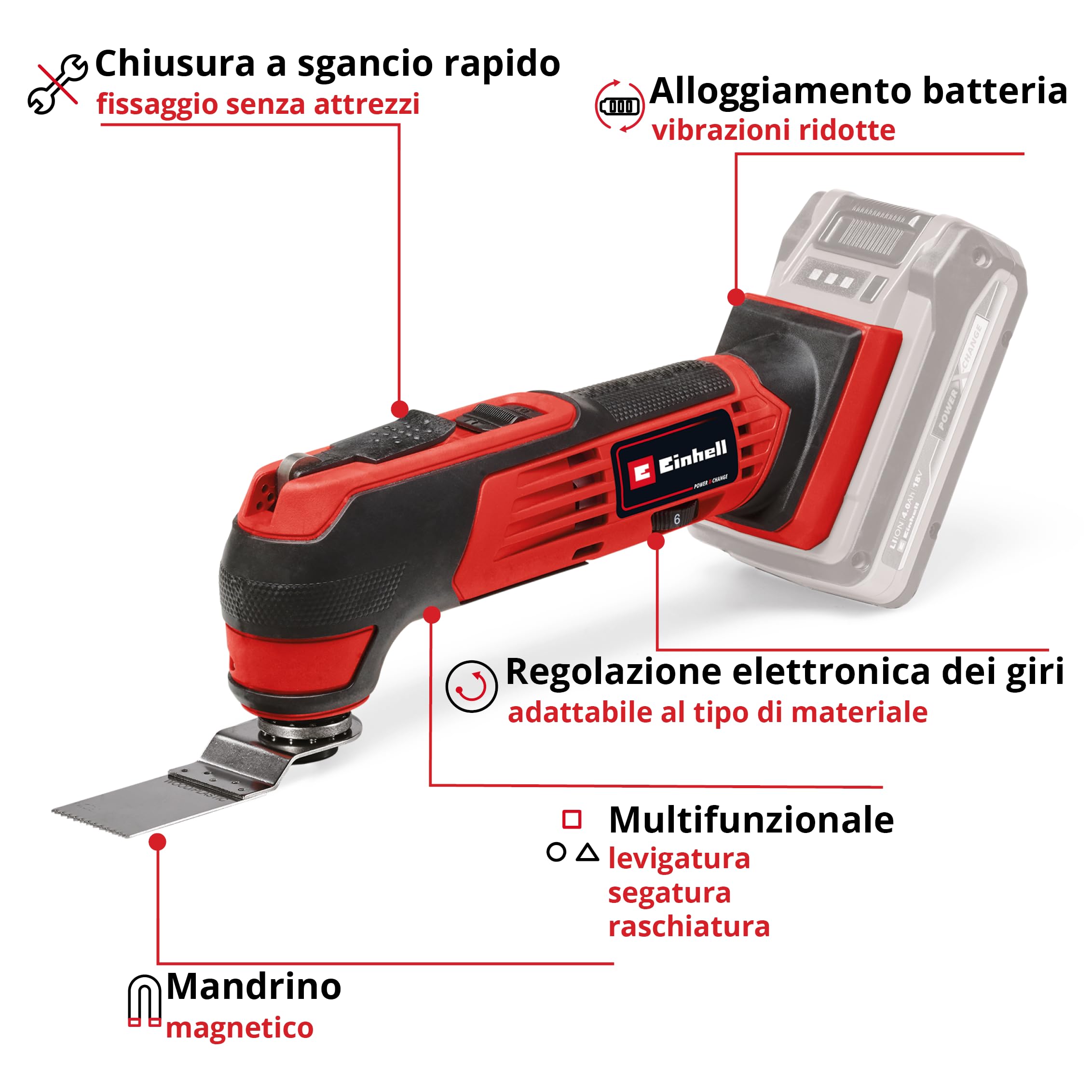 Utensile multifunzione Einhell TE-MG 18/1 Li - Solo Power X-Change (18 V, 3 funzioni, mandrino magnetico, accessorio incluso, batteria esclusa)