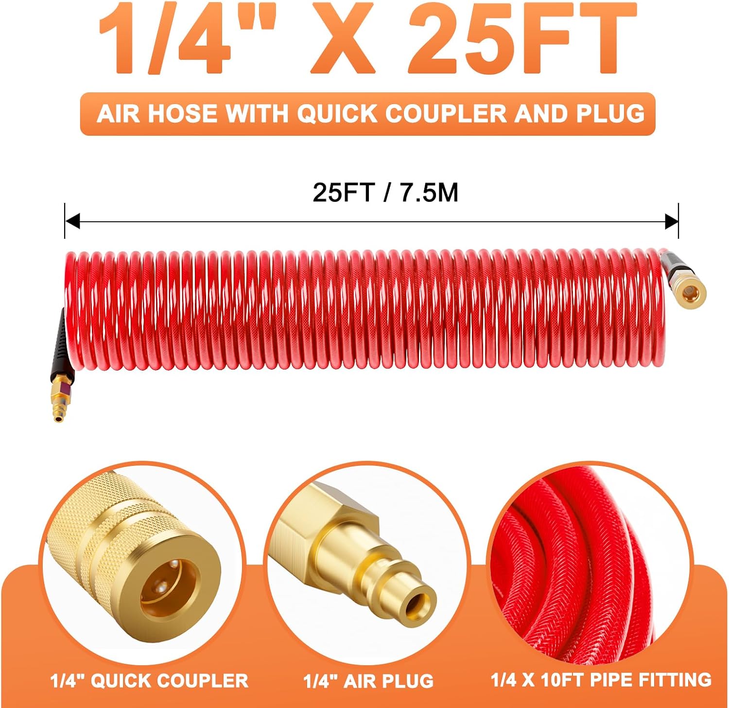 GASHER 1/4" x 25FT Red Reinforced Polyurethane Recoil Air Hose with Bend Restrictor, 1/4" Industrial Quick Coupler and Plug