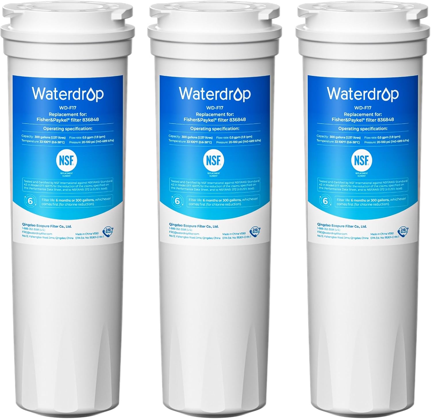 Waterdrop 836848 Replacement for Fisher & Paykel® 836860, 862285, 862284, E402, E442B, E522B, RO185014, RO185011, Refrigerator Water Filter, Pack of 3