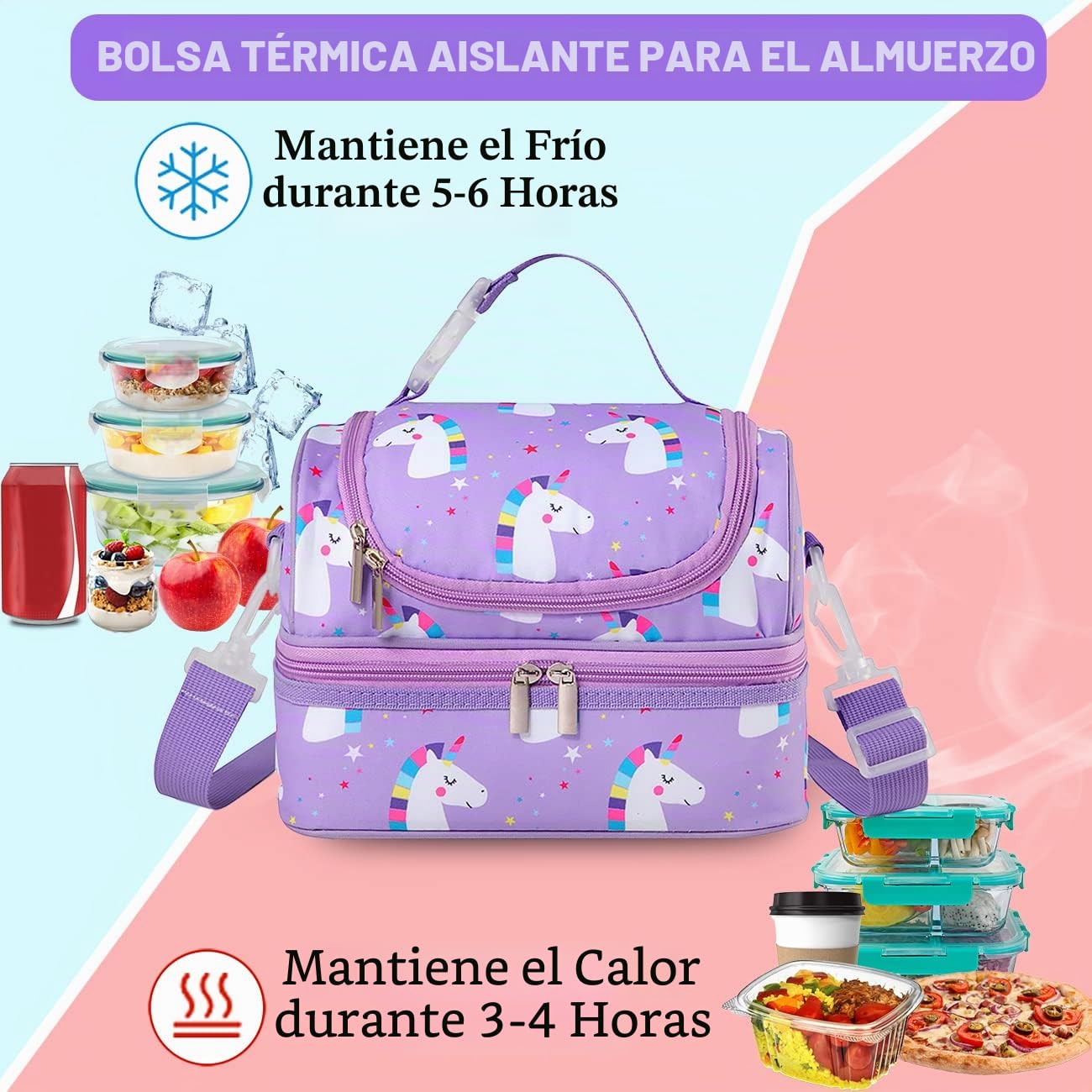 VASCHY Bolsa Térmica Porta Alimentos Infantil, Bolsa Almuerzo Niños Niñas 6.7 L de 2 Compartimentos, Isotérmica 3-4h (5-6h con Hielo) para Escuela Guardería Picnic