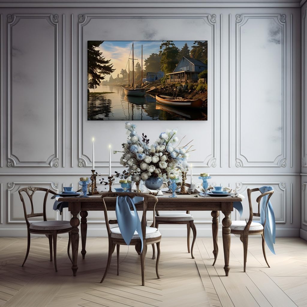 Canvas for Living room. Harbor Serenity in Twilight's Embrace, 27 x 18 inch Canvas Wall Art - Contemporary Masterpieces - Modern Home Decor - 69x46 cm (27x18 inch)