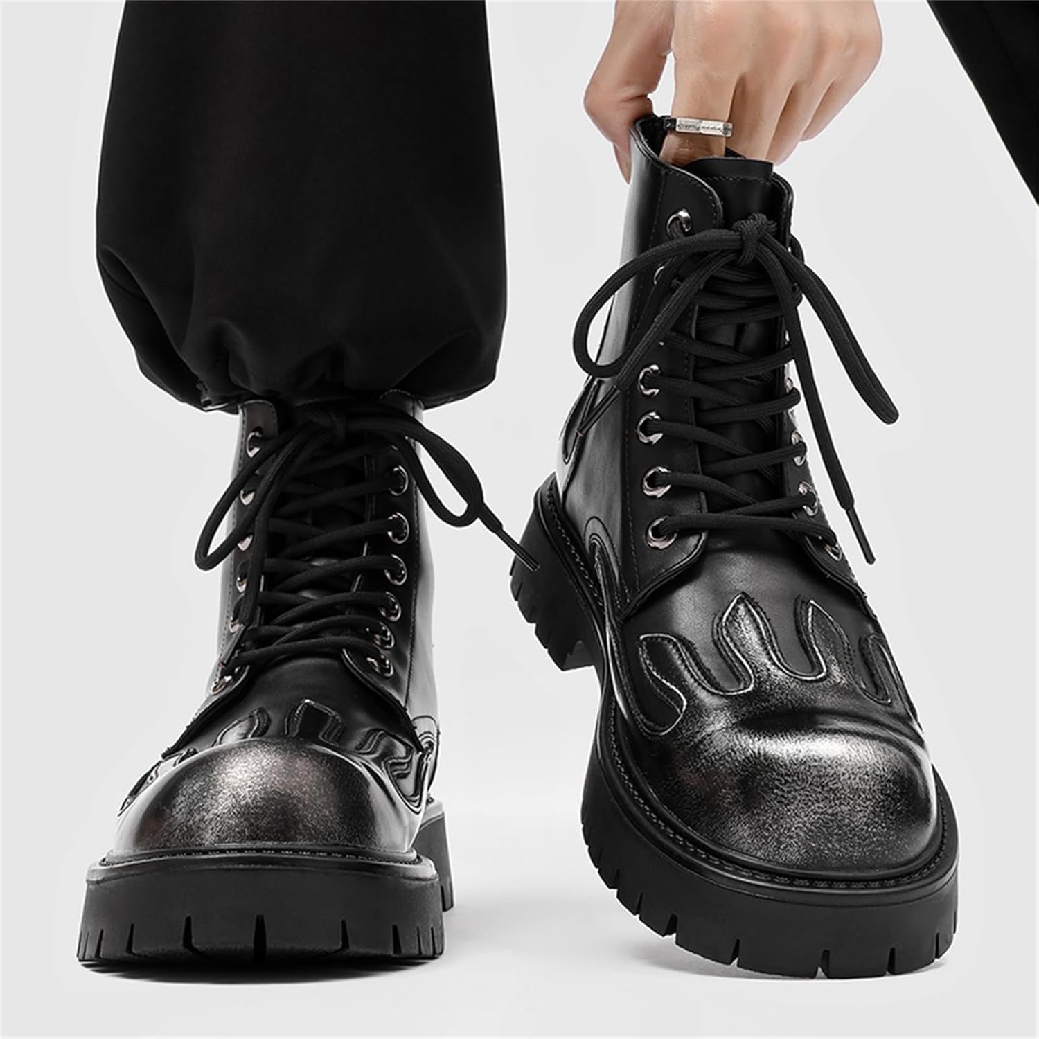 Men's Punk Fire Toe Platform Motorcycle Combat Boots Leather Biker Boot Fashion Casual Ankle Boots