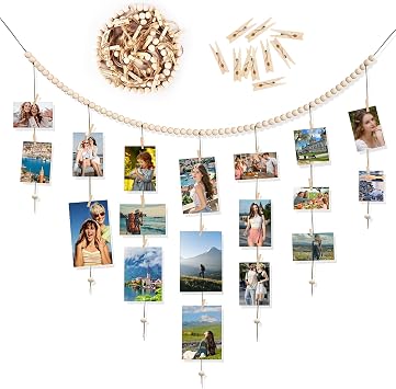 GAOHUI Boho Wall Decor, Hanging Photo Display with Clips, Boho Wood Bead Garland Perfect Room Decor for Teen Girls, Photo Wall Display for Dorm, Bedroom, Art Display, Office Cubicle Decor