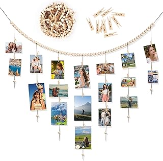 GAOHUI Boho Wall Decor, Hanging Photo Display with Clips, Boho Wood Bead Garland Perfect Room Decor for Teen Girls, Photo Wall Display for Dorm, Bedroom, Art Display, Office Cubicle Decor
