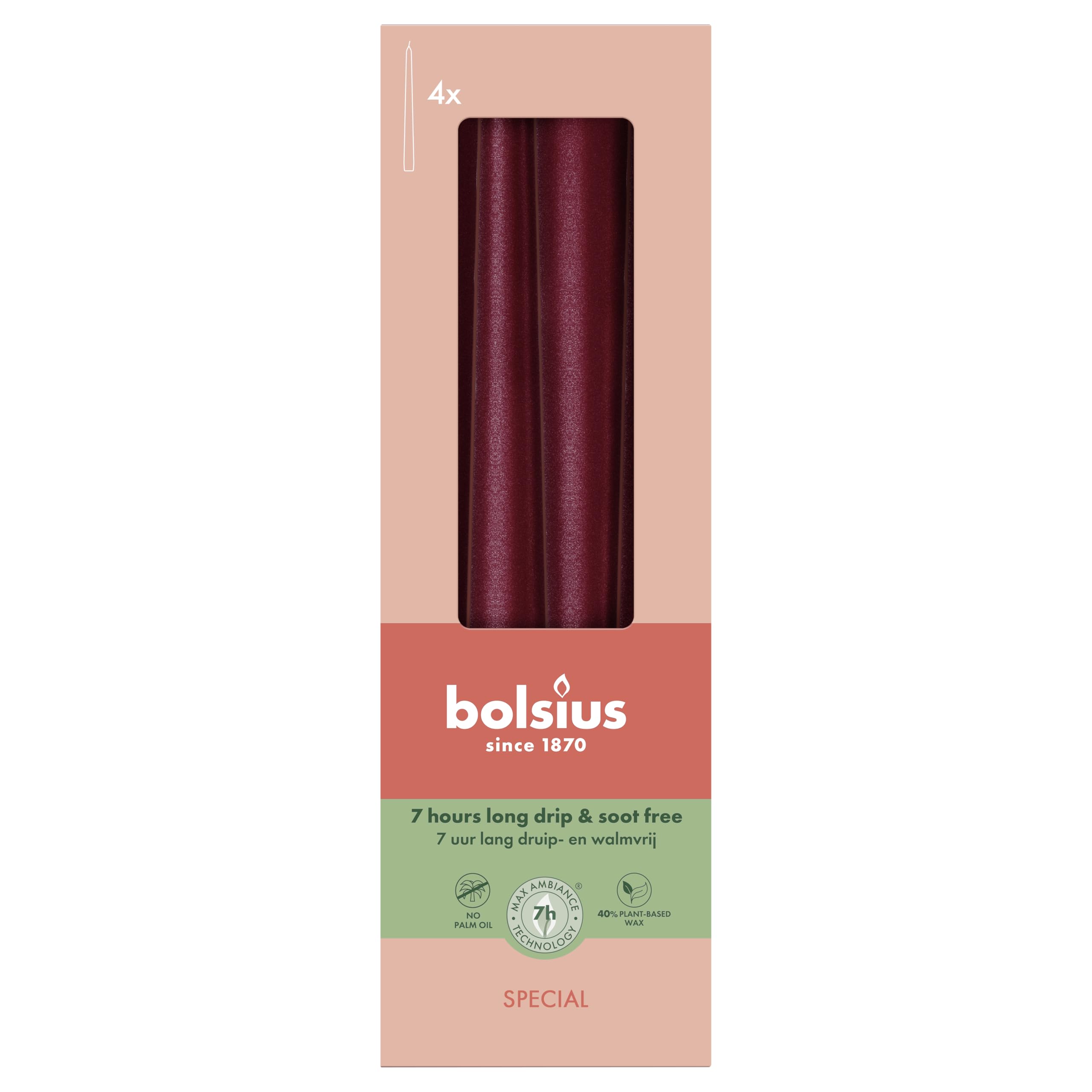 Bolsius Essentials Smooth Taper Candles - Red Metallic - 24.5 cm - Pack of 32 - Decorative Candles - No Palm Oil