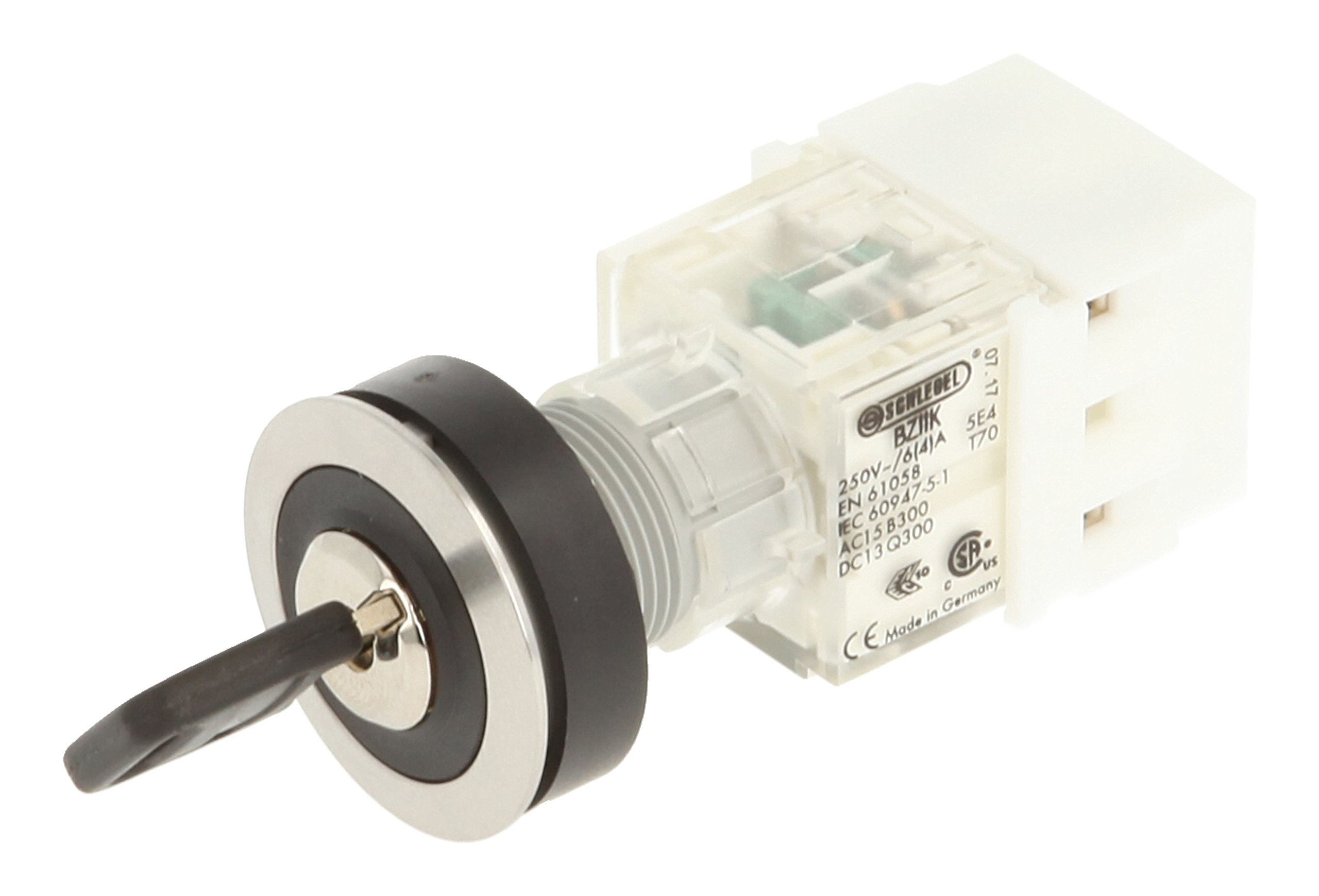 Schlegel 23.001.508 Key Switch, Stainless Steel, Locking, 2 Positions 11 & 13 o’clock, Pushbutton Contact Sensor, 2 NO Contacts, Screw Connection