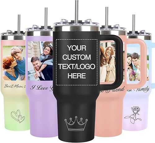 Vaso personalizado de 40 onzas con asa y pajita, vaso personalizado con imagen, logotipo, texto, taza de café de viaje de acero inoxidable, regalos