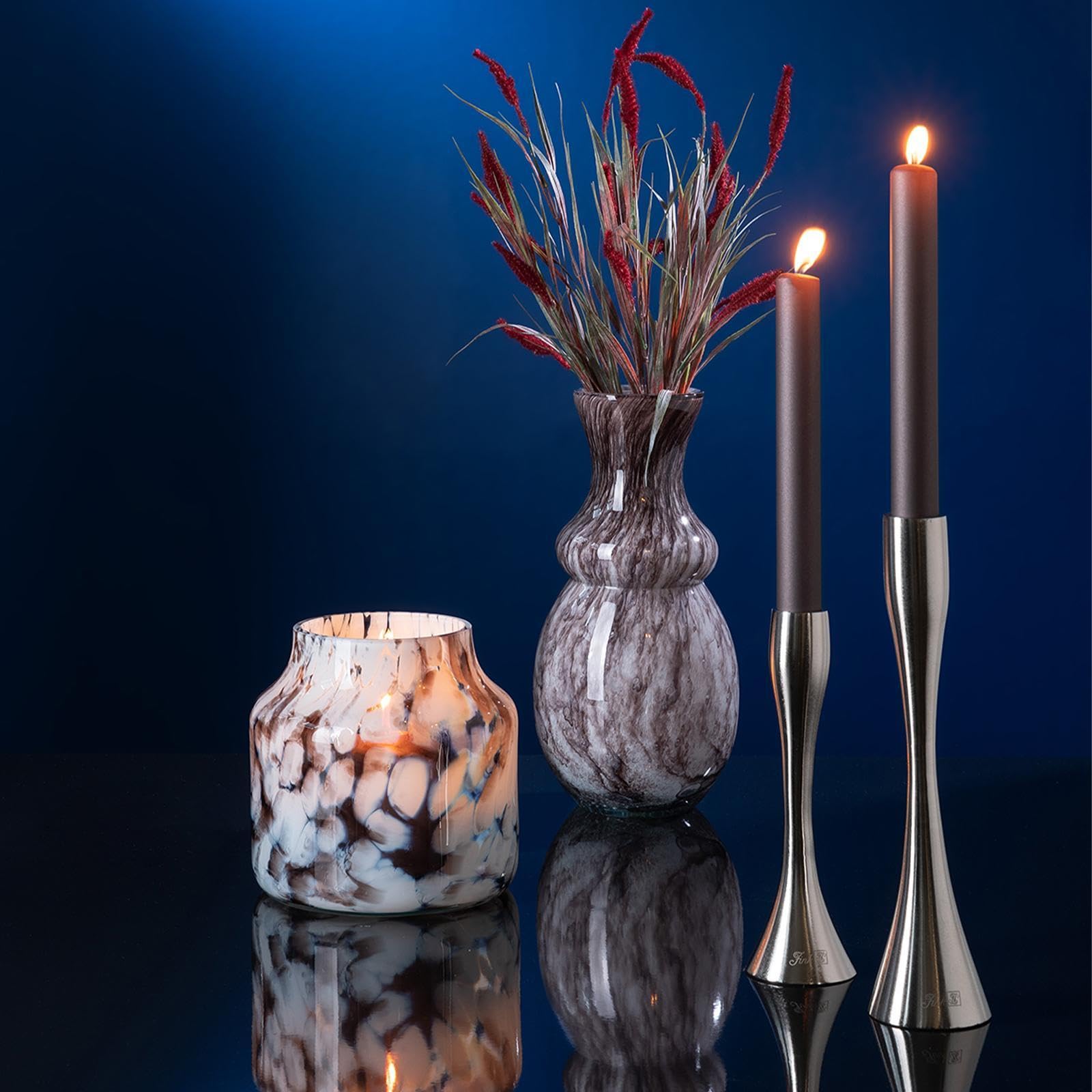 Fink großes Glas-Windlicht 19 cm braun-weißer Kerzenhalter für Stumpenkerzen