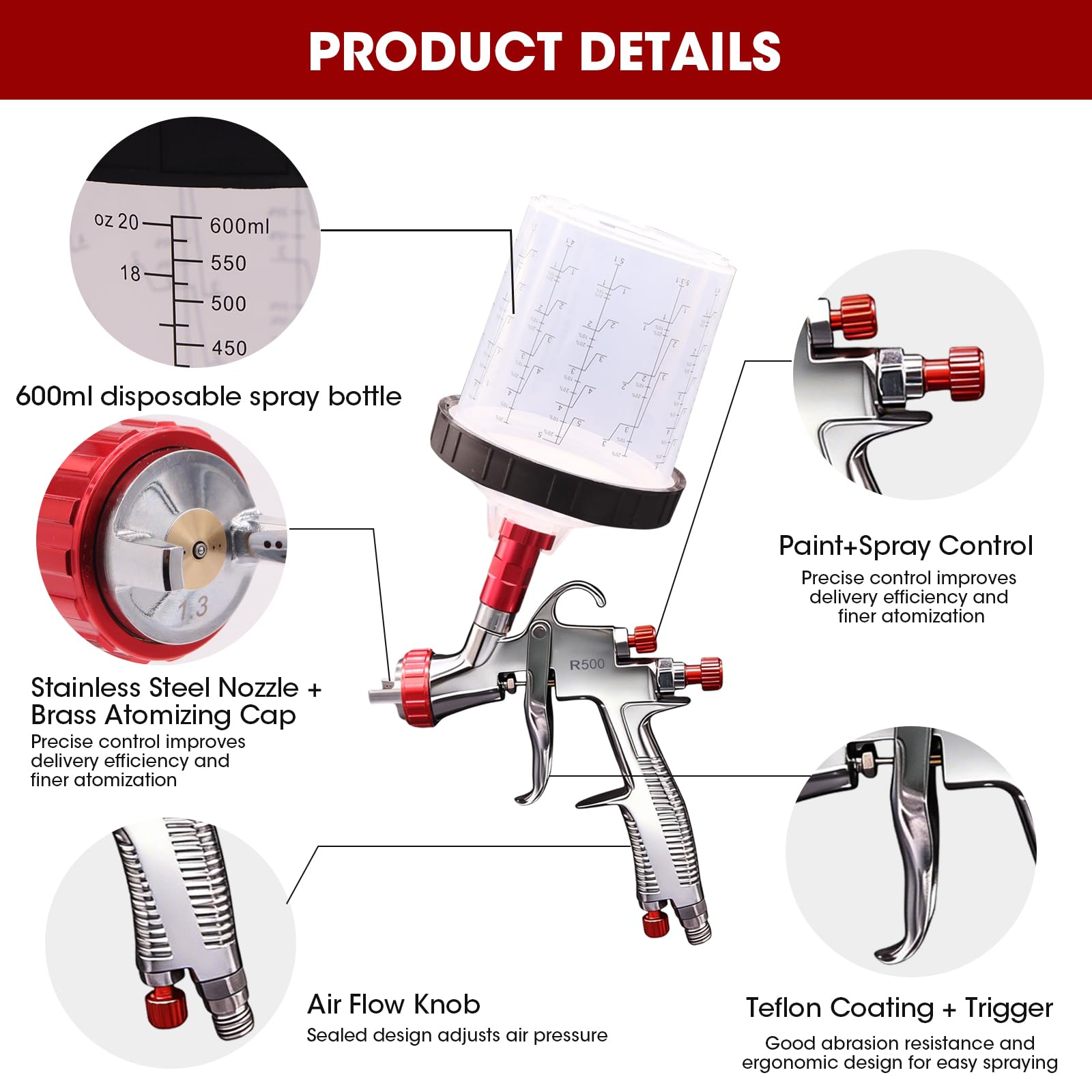 R500 LVLP - Pistola a spruzzo con tazza di miscelazione da 600 ml e 10 tazze usa e getta, ugelli da 1,3/1,5/1,7 mm, pistola professionale per auto, mobili, casa, recinzioni, vernici e top coat