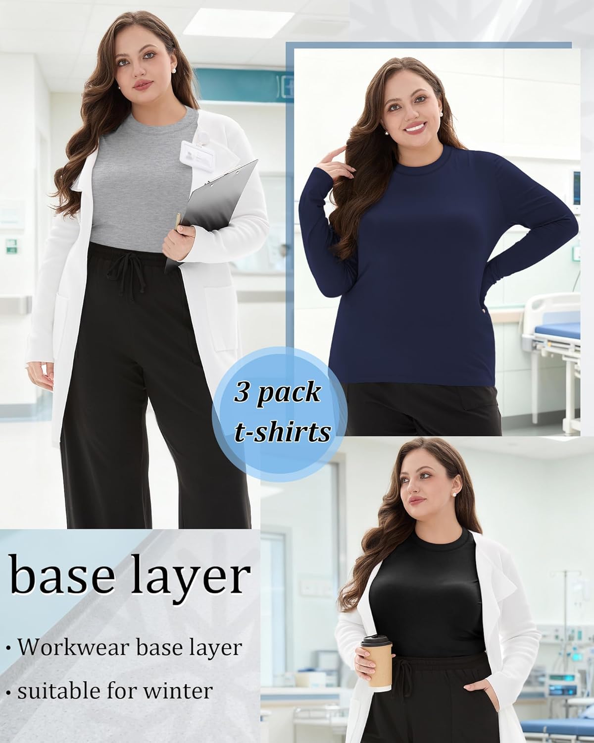 Oakgarden 3 Pack Women's Plus Size Underscrub Shirts, Long Sleeve Crew Neck Tops Fitted Layering Basic Tee for Nurse