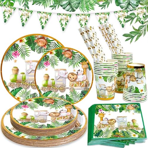 Purpledi 135 PCS Party Vaisselle, Jungle Animaux Vaisselle Anniversaire de Fête, Assiette Anniversaire, Anniversaire Garçon Assiette Serviettes ​pour Enfants Party Fête Mariages Baby Shower Cover