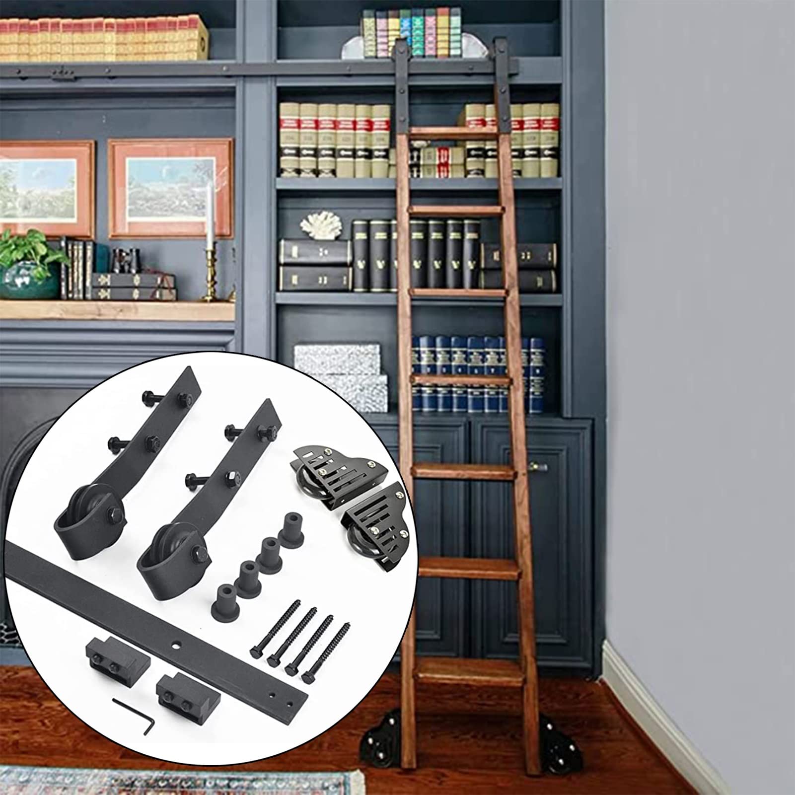 DFGHNBVC Rolling Library Ladder Hardware Kit 5Ft-13Ft Mobile Ladder Rail Sliding Ladder Kit With Floor Roller Wheels For Home Loft Office