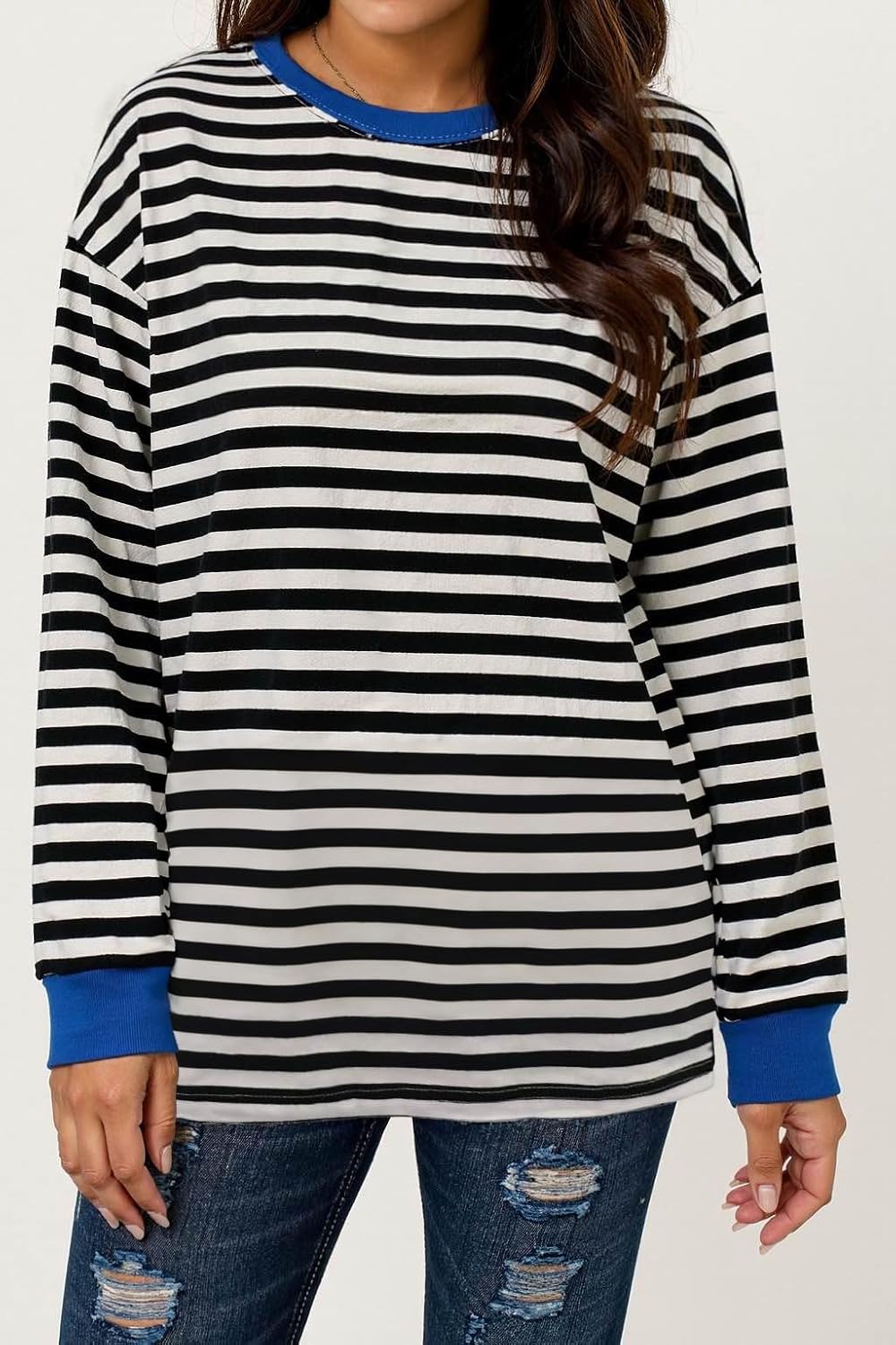 Womens Long Sleeve Shirts Striped Tunic Tops Crewneck Casual Loose Fit Color Block Blouses with Pocket - Image 2