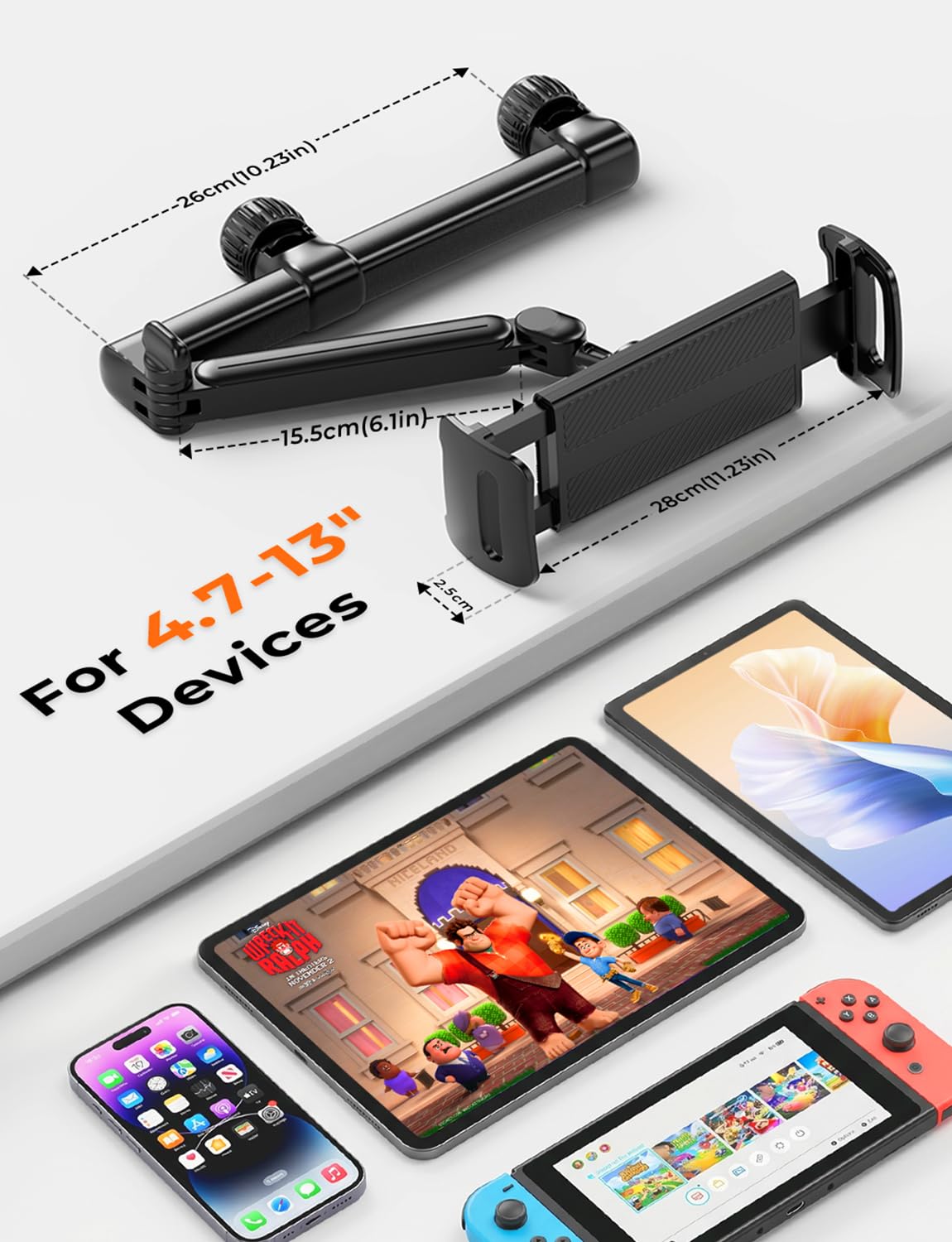 Support Tablette Voiture - [Bras Long Extensible 46cm 3-en-1] Support Appui-Tête Arrière Auto, Rotation 360° Porte-Tablette de Voyage, Compatible avec iPad, Switch, Smartphones 4,7-13"