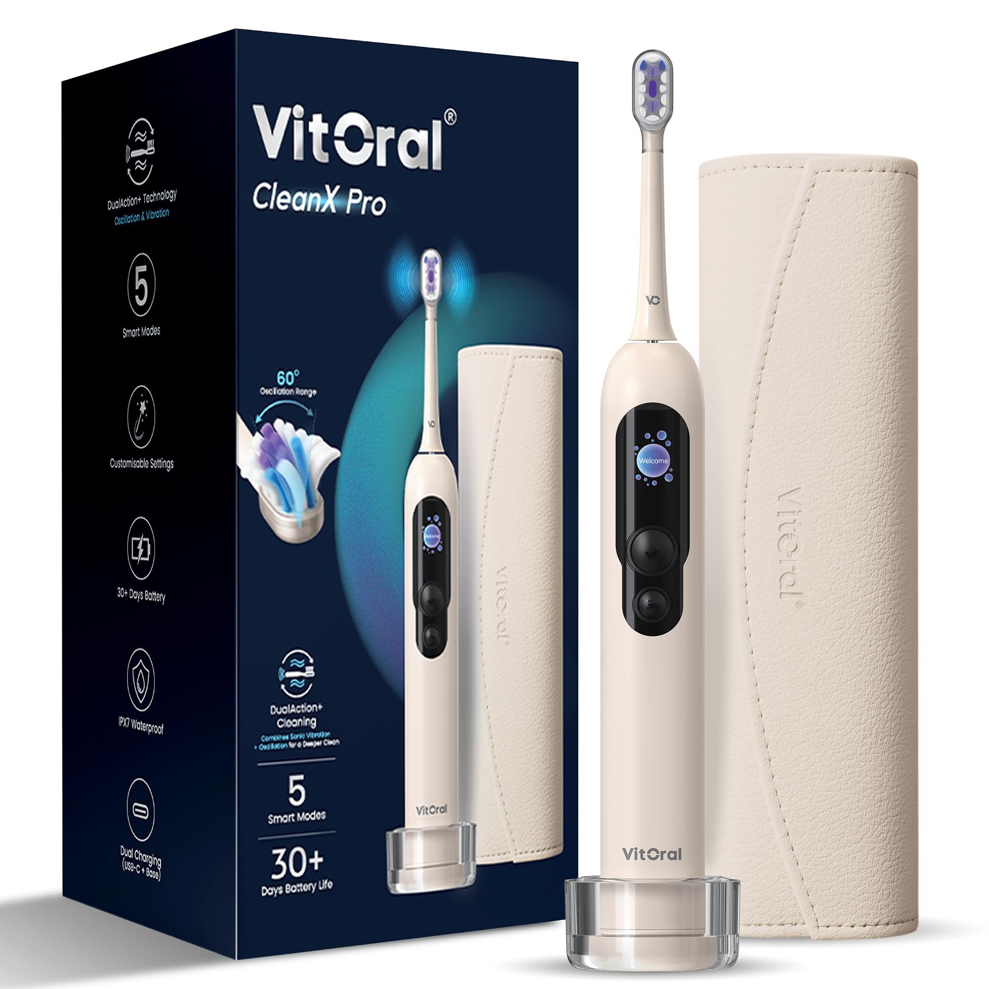 CleanX Pro Elektrische Zahnbürste, DualAction Oszillierende & Schalltechnologie, 6 Smart-Modi, 30+ Tage Akkulaufzeit, IPX7 wasserdicht, USB-C Schnellladung, für empfindliches Zahnfleisch und
