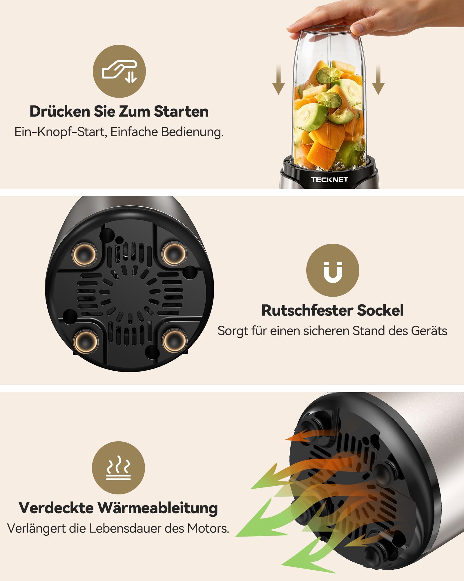 TECKNET 1000W Smoothie Maker, Standmixer mit 2 BPA-freie 600ml Tragbare Becher, Klein mit Kreuzklingen aus Edelstahl 304, Leicht zu Reinigen, Blender Elektrisch für Shake, Smoothie & Babynahrung