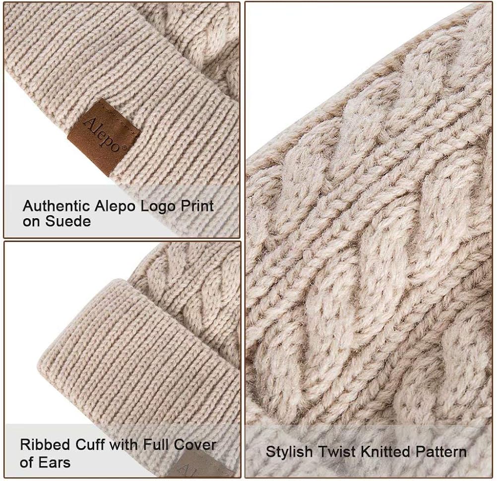 Alepo Womens Winter Beanie Hat, Warm Fleece Lined Knitted Soft Ski Cuff Cap with Pom Pom(Oatmeal) at  Women’s Clothing store