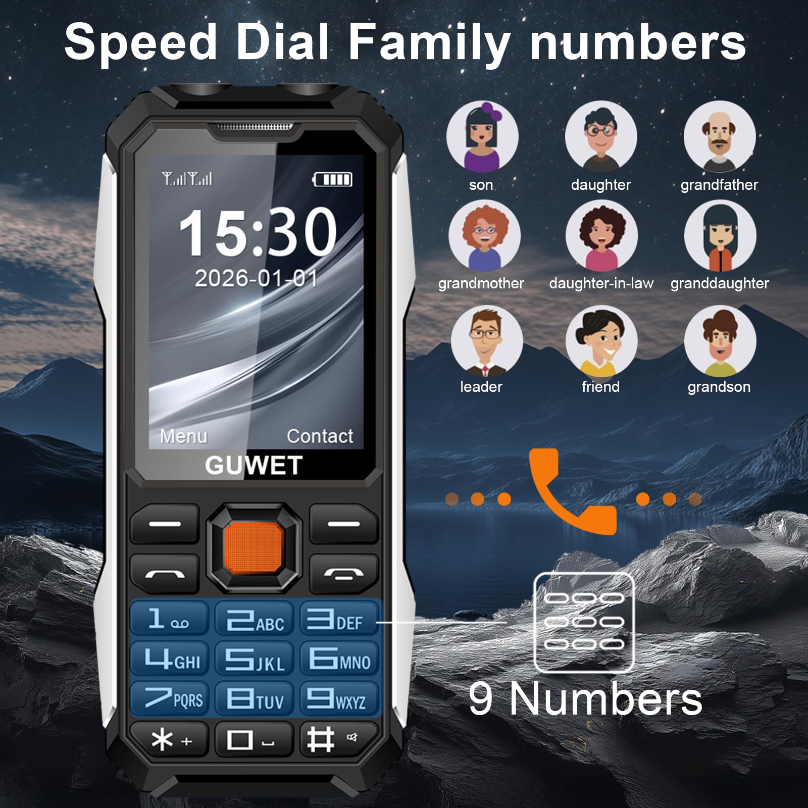 A6 2G Outdoor-Handy ohne Vertrag, 6800-mAh-Akku für extrem Lange Standby-Zeiten, robust und sturzfest, SOS-Notruffunktion, große Tasten, Dual-SIM mit Notruftaste, Schwarz