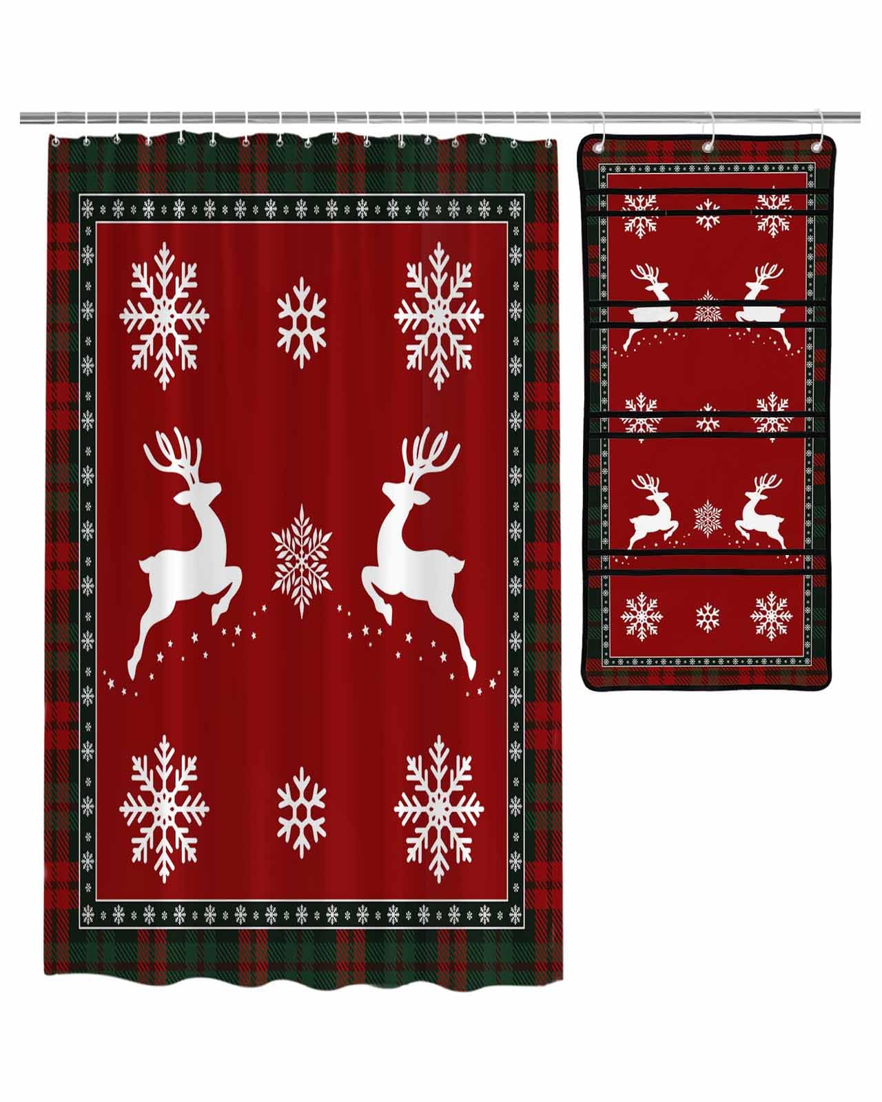 ZFUNCING Shower Curtain Mesh Shower Organizer Set White Deer Christmas Snowflake on Red Waterproof Bath Curtains Hanging Shower
