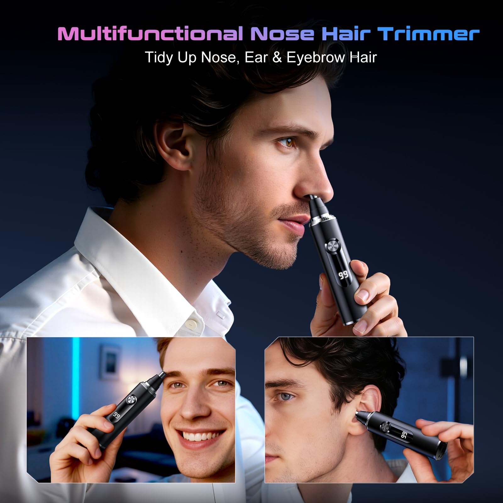 Nose Hair Trimmer for Men and Women, USB Rechargeable Electric Facial and Ear Hair Remover with LED Display, Dual-Edge Blades for Smooth, Painless Eyebrow Grooming (Black) — Amazon image 7