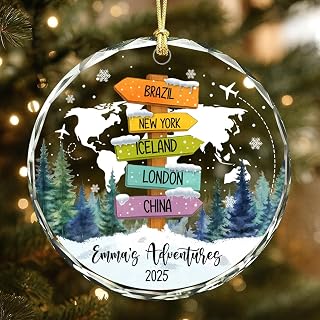 DILYPOD Custom Travel Adventure Glass Ornament, Personalized Traveling Destination Christmas Tree Hanging Decor, Travel Location Gift for Family Members, Traveling Ornaments Xmas Tree Decoration 01