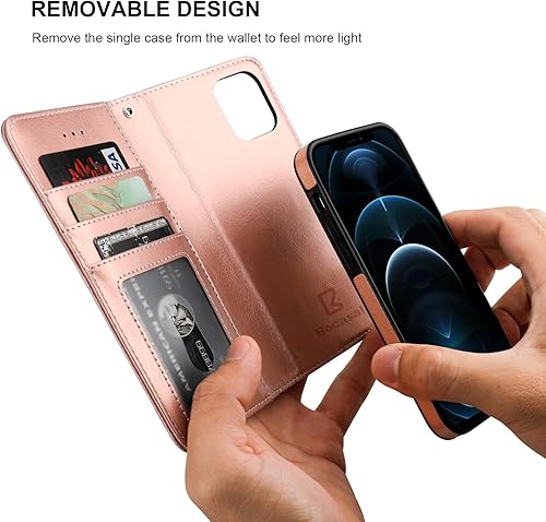 Miniatura 9 de Bocasal Funda tipo cartera compatible con iPhone 12 y iPhone 12 Pro con tarjetero de piel sintética, magnética, desmontable, a prueba de golpes,