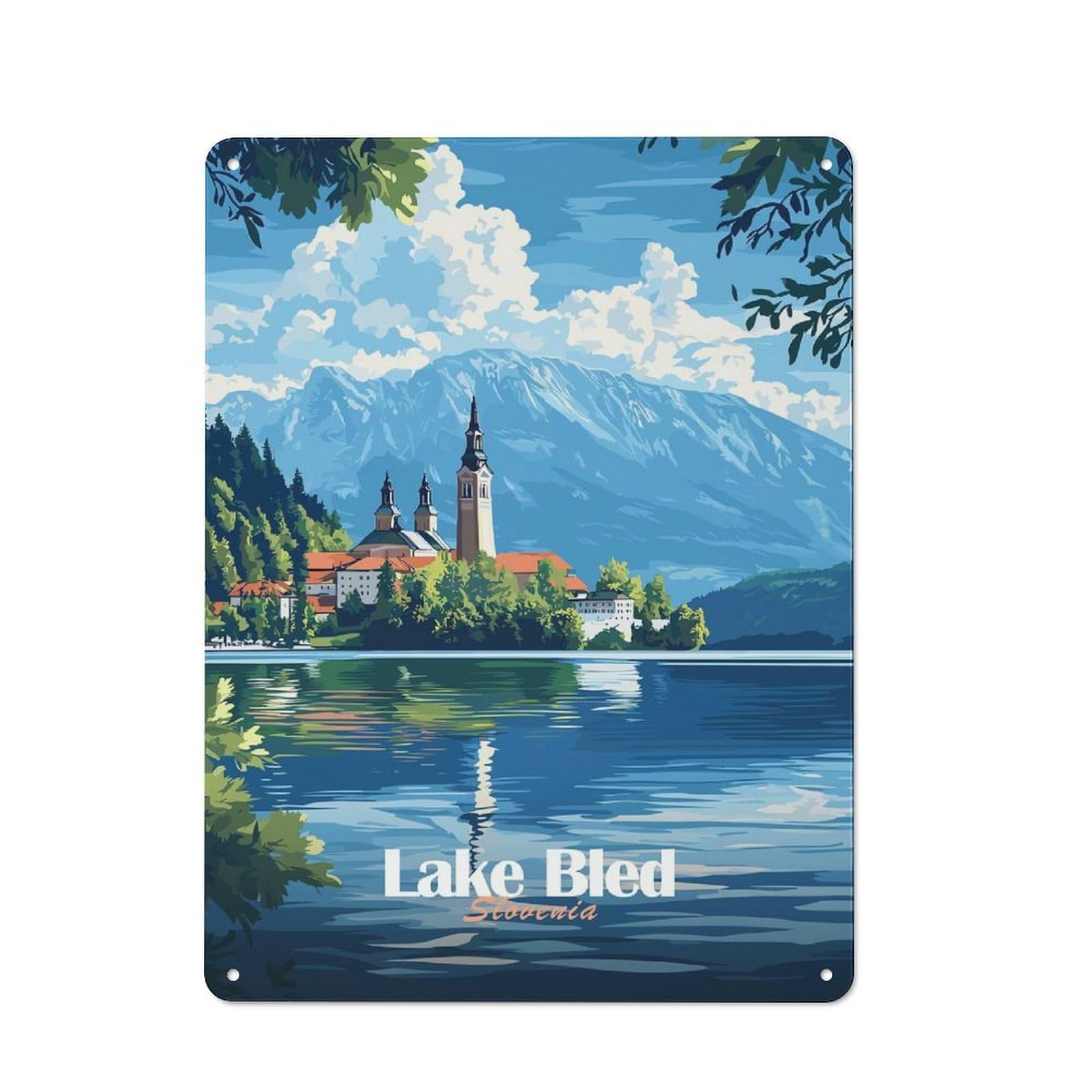 Lake Bled, Slovenia Warehouse Style Metal Wall Decor 40x30cm, Metal Wall Sign for Workspace, Cafe, Hallway Or Garage