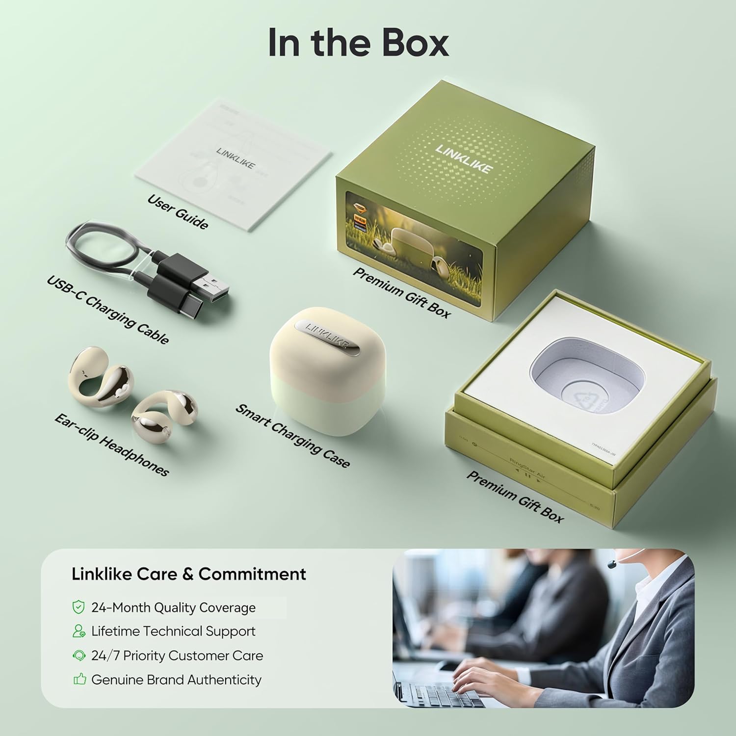Linklike 2026 Next-Gen Clip On Earbuds for All-Day Music Lovers, Tuned for Modern Rhythmic Vibes & Podcasts, Hi-Res LDAC, Patented 0-Pressure Z-Structure, 5g IPX5 40H+ Battery AI Clear Calls, Green