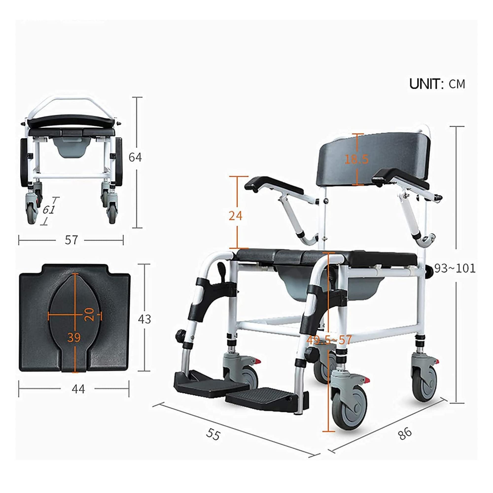 Sedia da Bagno con Ruote, Sedia da Toilette Sedia da Bagno per Sedia a rotelle Sedia da Trasporto per Bagno Sgabello da Bagno per Anziani disabili