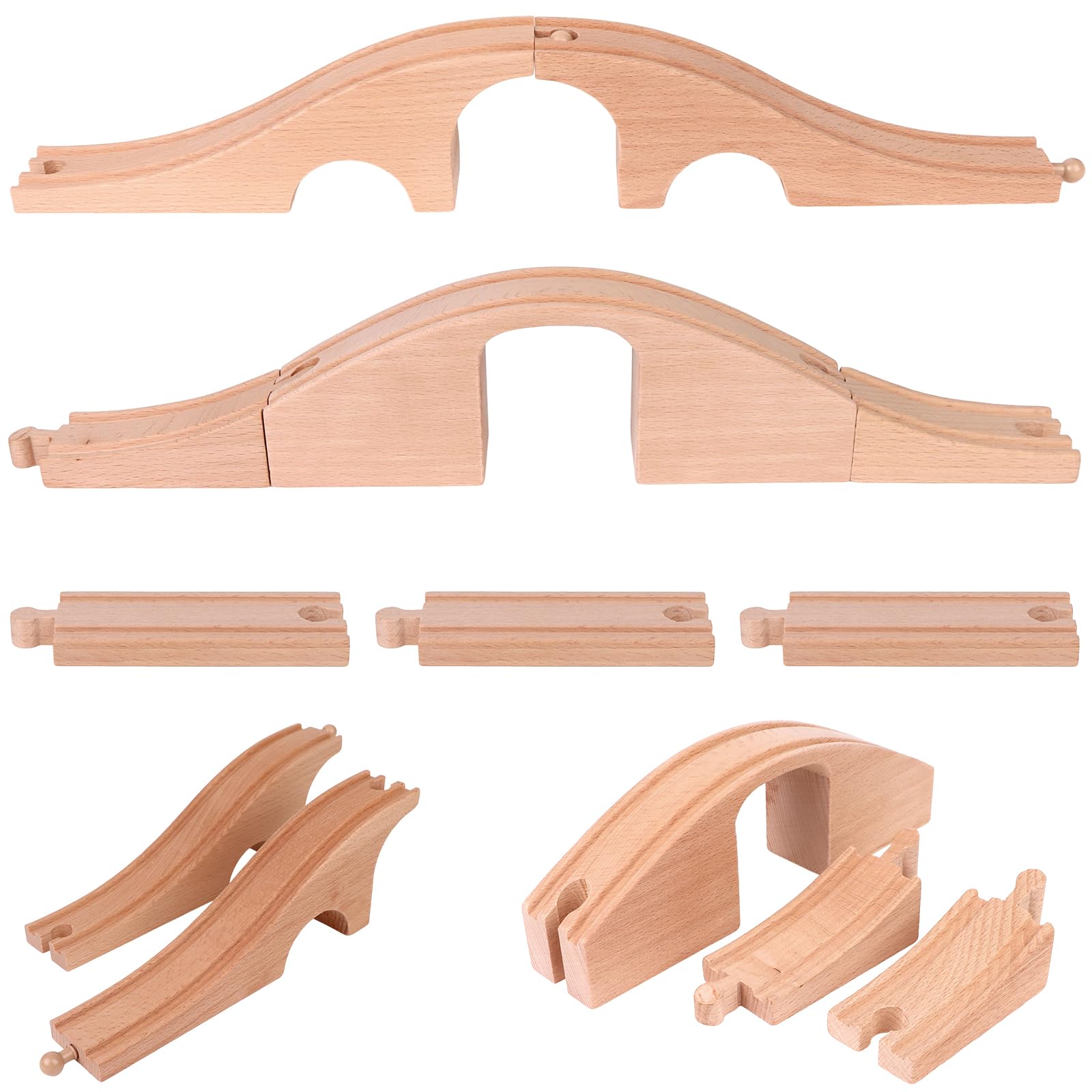 8 Pieces Wood Train Track Expansion Set Wooden Train Bridges Straight Wooden Train Tracks Accessories for Most Major Toy Train Tracks Railway